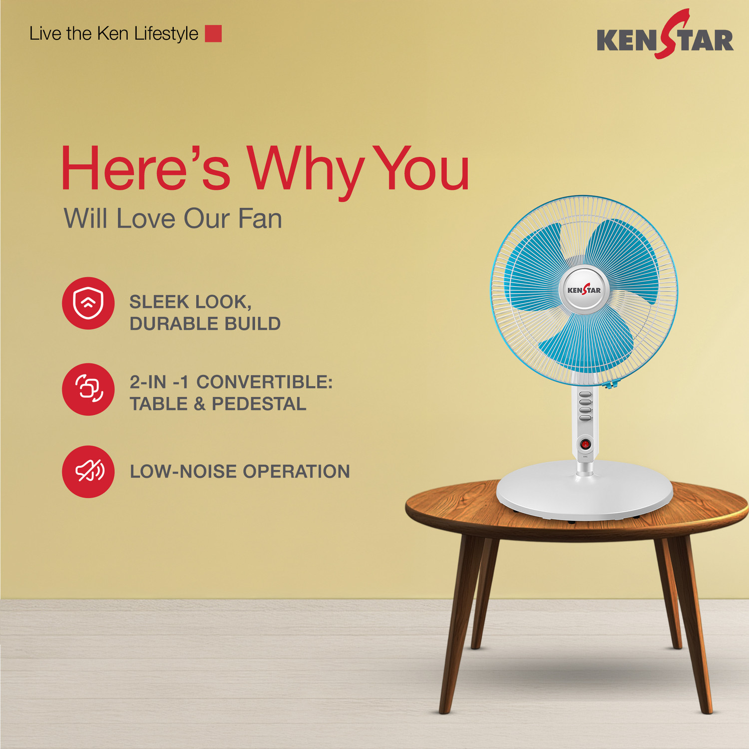 Image of Kenstar Wind Blaze Vector | Adjustable Height | High Speed with 12 Months Warranty 400 mm Pedestal Fan