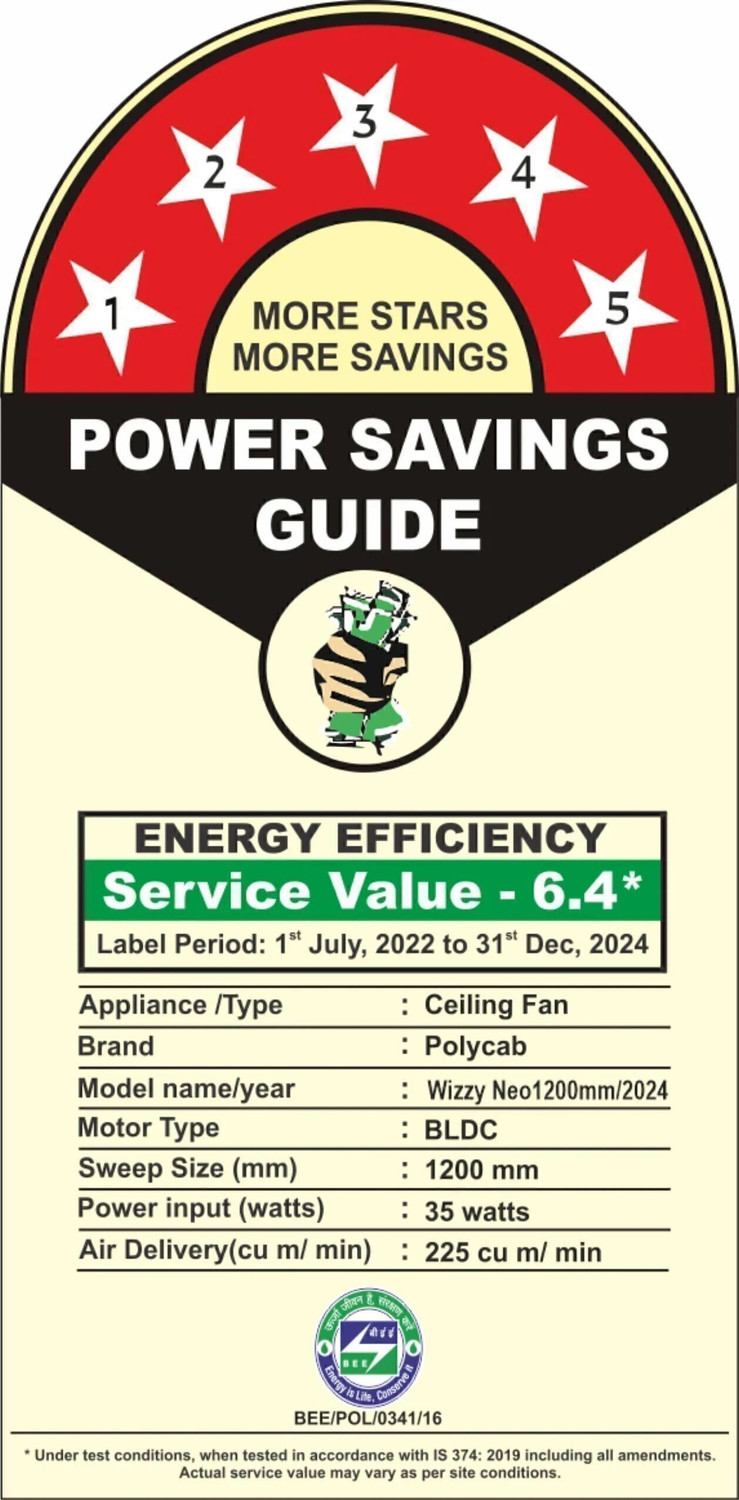 Image of Polycab Wizzy Neo100% CopperHigh Air Delivery with 4 Year Warranty BLDC Motor with Remote 1200 mm Ceiling Fan (5 Star | Matt Black Silver | Pack of 1)