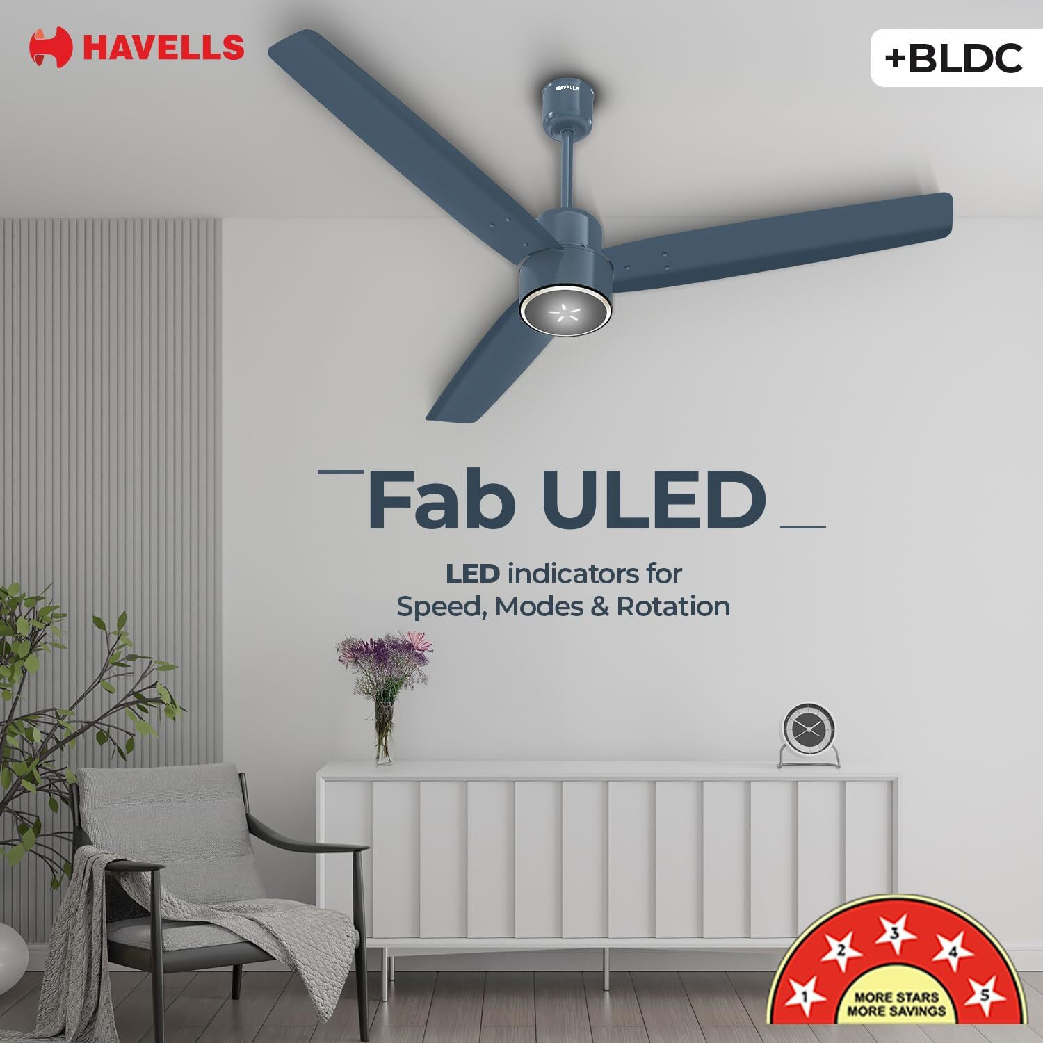 Image of HAVELLS FAB BLDC ULED,Reverse Rotation,Low Noise, with 3 Year Warranty BLDC Motor with Remote 1200 mm Ceiling Fan