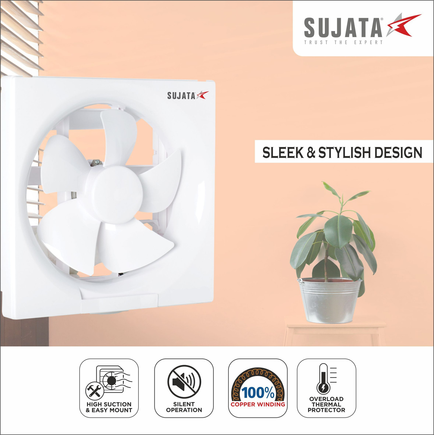 Image of SUJATA Woosh EPB81 Exhaust Fan |For Kitchen & Bathroom |Copper Winding |Ventilation Fan with 2 Year Warranty High Air Delivery 250 mm Exhaust Fan