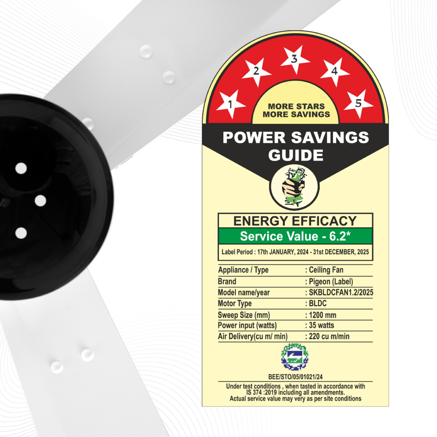 Image of Pigeon 19004496 with 2 Year Warranty 1200 mm Ceiling Fan (5 Star | White | Pack of 1)