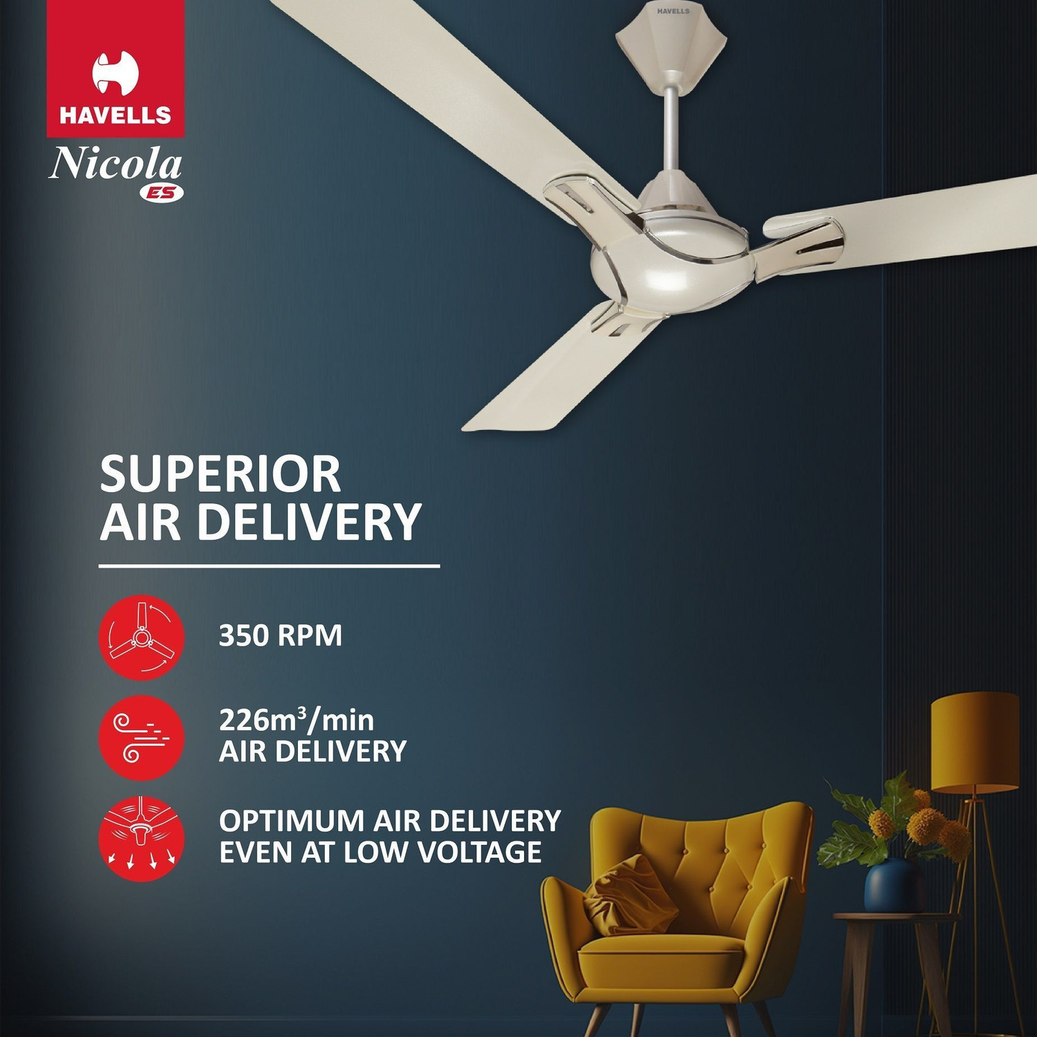 Image of HAVELLS Nicola|Energy Saving|Low Noise|Decorative|50W|100% Copper Motor with 2 Year Warranty Energy Saving 1200 mm Ceiling Fan