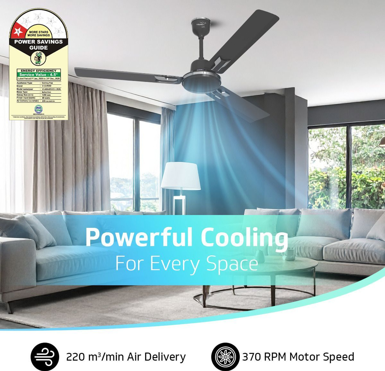 Image of V-Guard Pace Art Bz (Midnight Black) | Energy Saving | Decorative with 2 Year Warranty Energy Saving 1200 mm Ceiling Fan