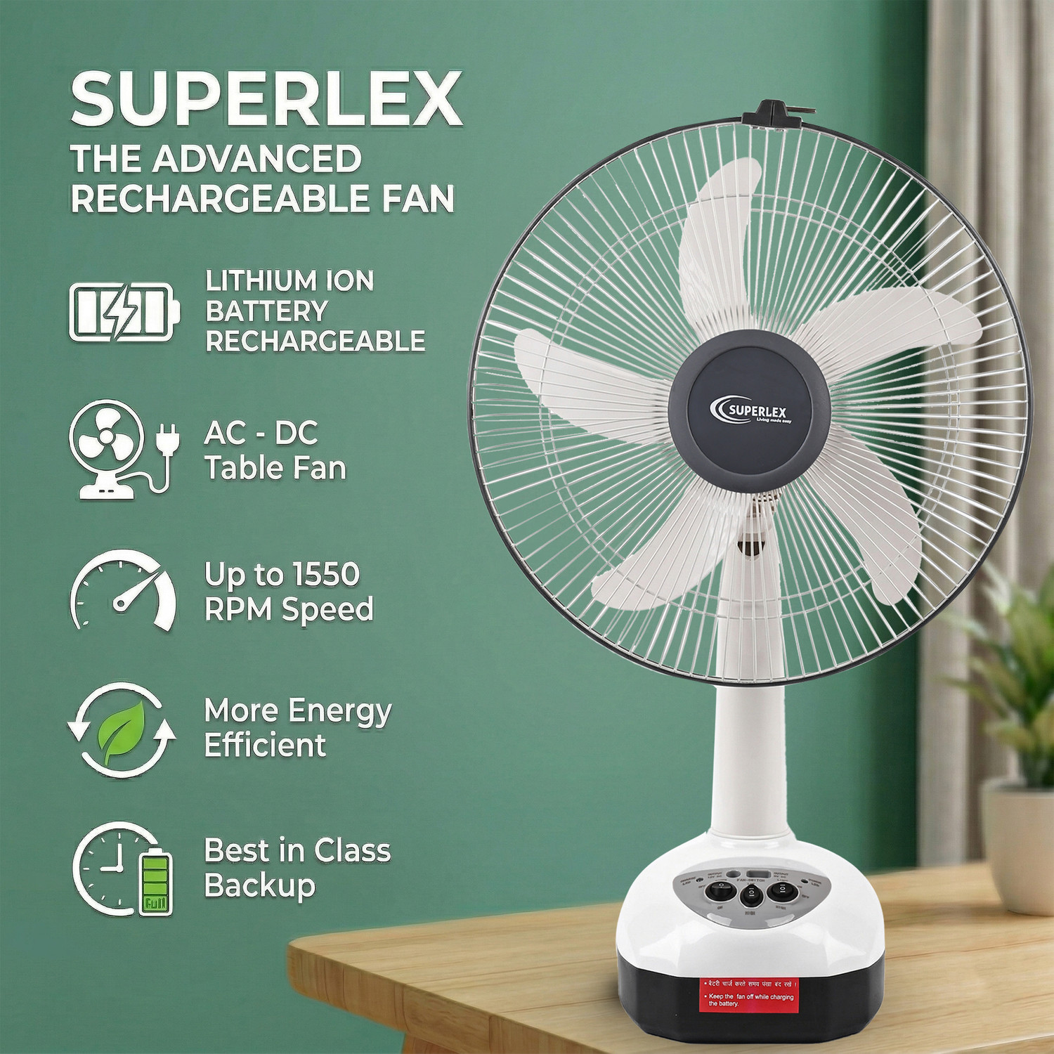 Image of SUPERLEX BreezePro SRF-400 AC /DC Rechargeble High Air Delivery | 12H Backup & USB Output with 1 Year Warranty 400 mm Table Fan