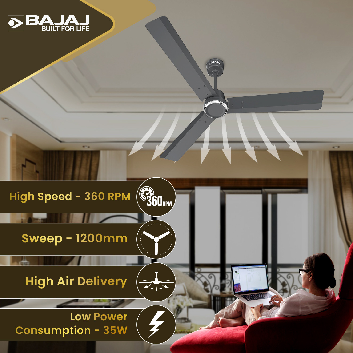 Image of BAJAJ Armour Series Classico Sleek Plus with 2 Year Warranty 1200 mm Ceiling Fan