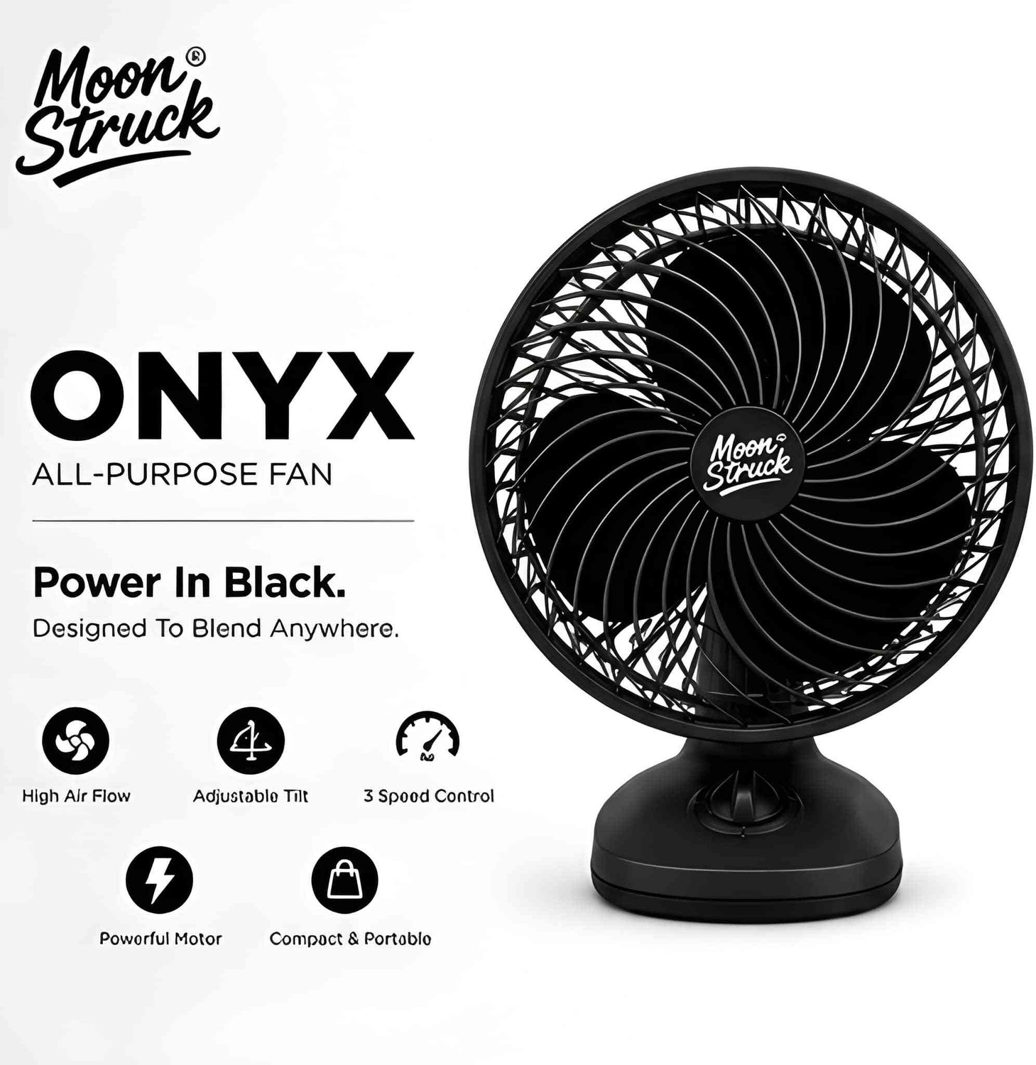 Image of Moonstruck Onyx 9 Inch All Purpose Fan | Table & Wall Mount | Made in India with 12 Months Warranty Energy Saving, High Air Delivery 230 mm Table Fan