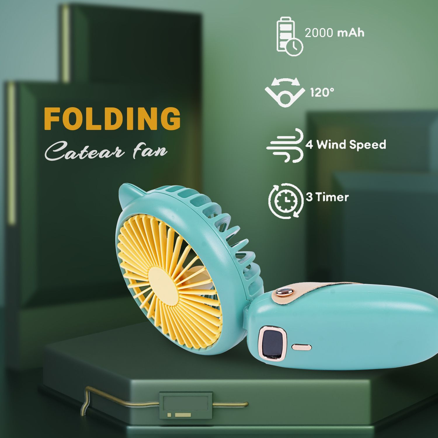 Image of ECOSKY 4 MODES HANDLELD FOLDING CAT EAR FAN USB C TYPE CHARGING Green with 1 Year Warranty Ultra High Speed 4 mm Table Fan
