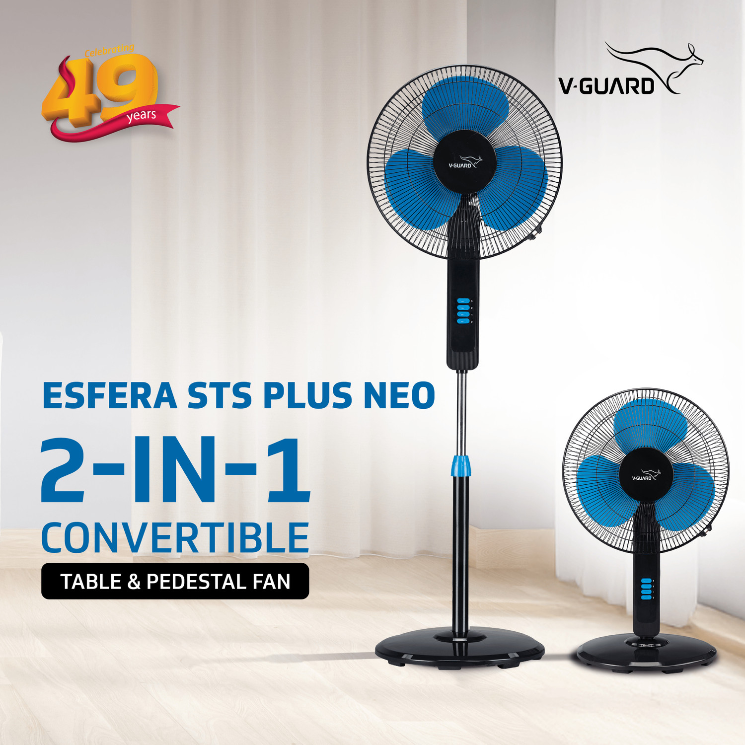Image of V-Guard Esfera STS Plus Neo (Blue Black) | Copper Motor | Premium | ABS Body with 2 Months Warranty 400 mm Pedestal Fan
