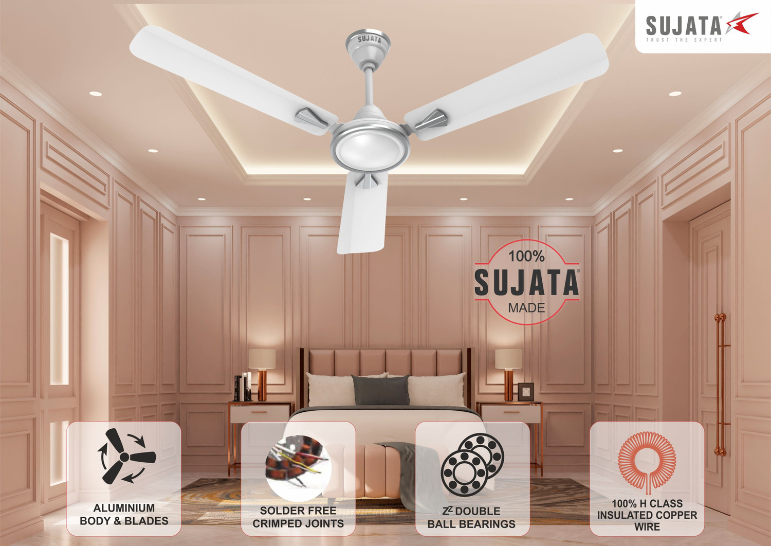 Image of SUJATA Ceiling Fan 1200mm | 100% Copper Winding | BEE Star Rated | Ceiling Fan with 5 Year Warranty High Air Delivery 1200 mm Ceiling Fan