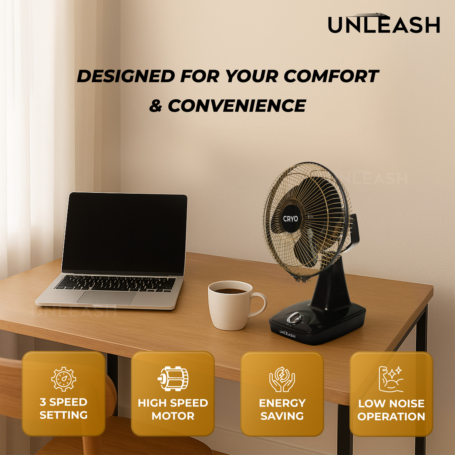 Image of unleash CRYO 9 INCH HIGH SPEED METAL JAALI FAN TABLE FAN FOR HOME, OFFICE with 1 Year Warranty Energy Saving 230 mm Table Fan
