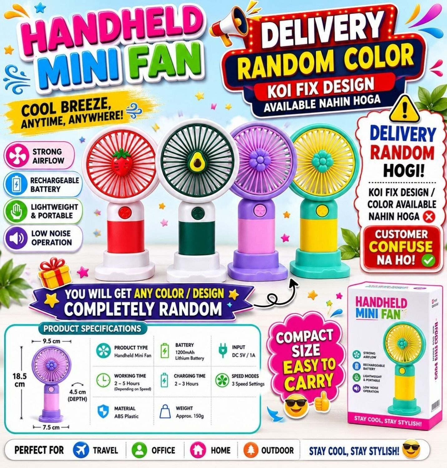Image of YAKUNOX Mini Portable Fan USB Rechargeable Desk Cooling Fan Random Colour Anti Dust 90 mm Table Fan