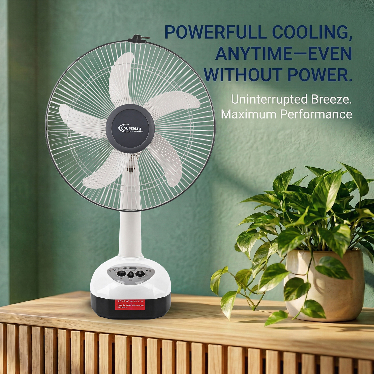 Image of SUPERLEX BreezePro SRF-400 AC /DC Rechargeble High Air Delivery | 12H Backup & USB Output with 1 Year Warranty 400 mm Table Fan