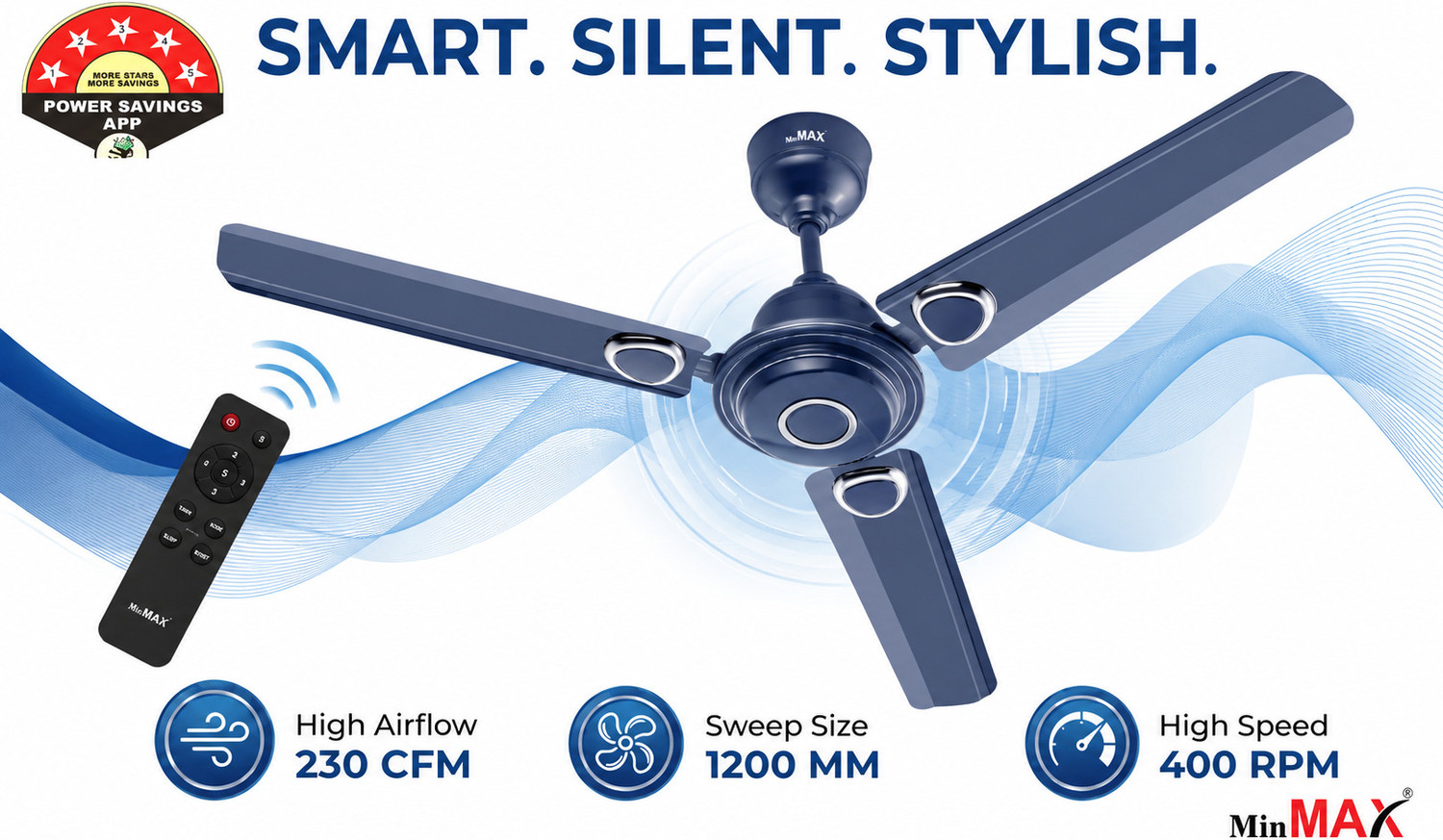 Image of MinMAX 48 Inch BLDC Ceiling Fan with Remote | Energy Efficient | Blue with 24 Months Warranty BLDC Motor, Remote Controlled, BLDC Motor with Remote, Ultra High Speed 1200 mm Ceiling Fan