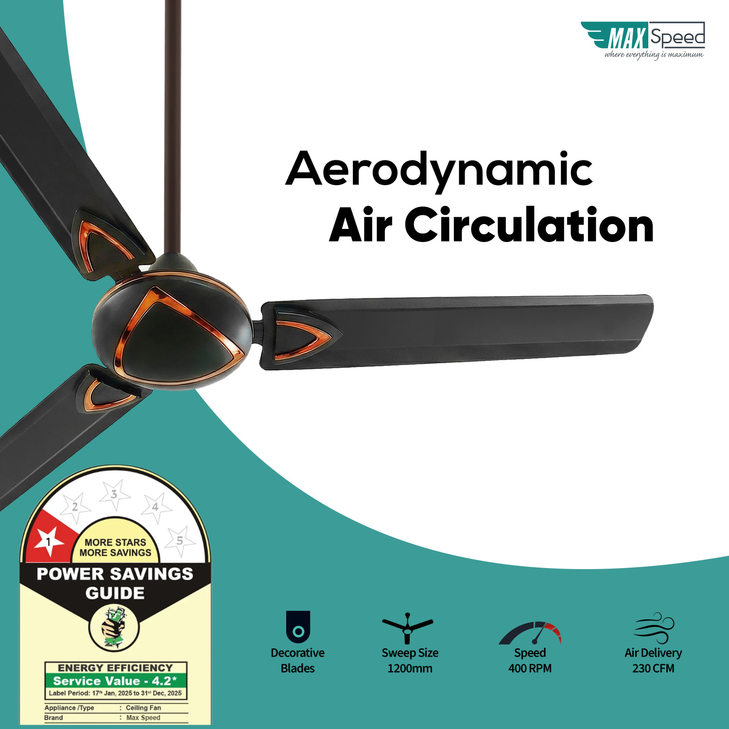 Image of Max Speed Trio | Energy Saving | Anti Dust | Silent Operation | High Speed | Decorative with 12 Months Warranty Ultra High Speed 1200 mm Ceiling Fan