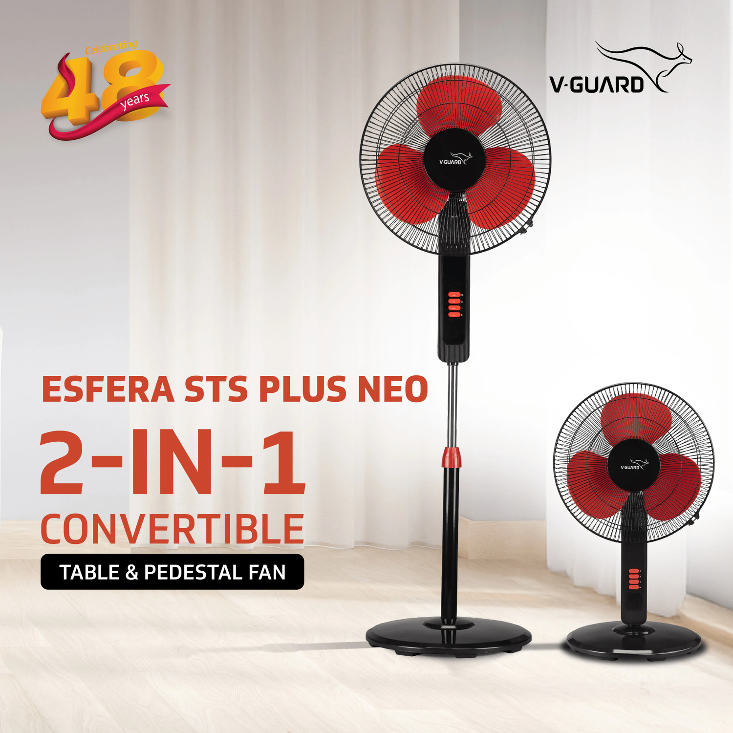 Image of V-Guard Esfera STS Plus Neo (Red Black) | Copper Motor | Premium | ABS Body with 2 Year Warranty 400 mm Pedestal Fan