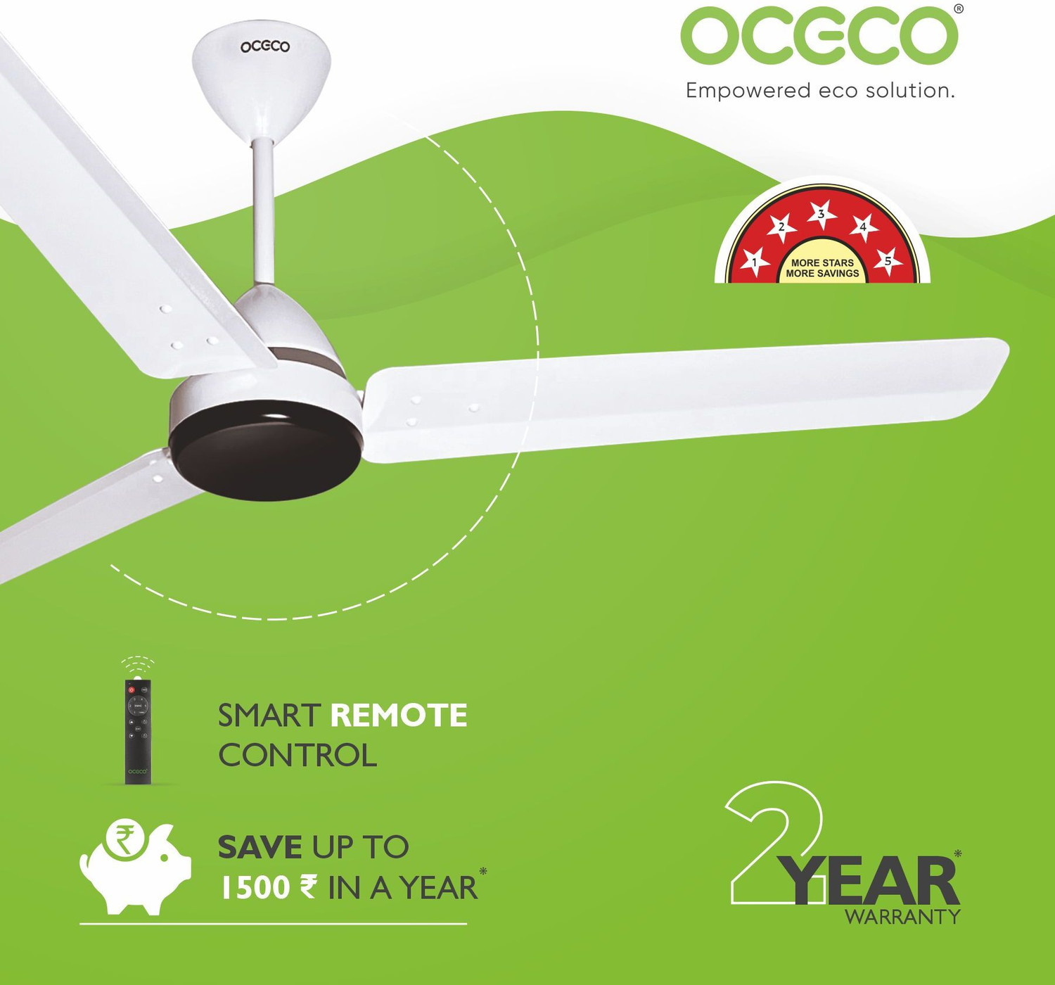 Image of oceco Ecos White 56 with 2 Year Warranty BLDC Motor with Remote 1400 mm Ceiling Fan