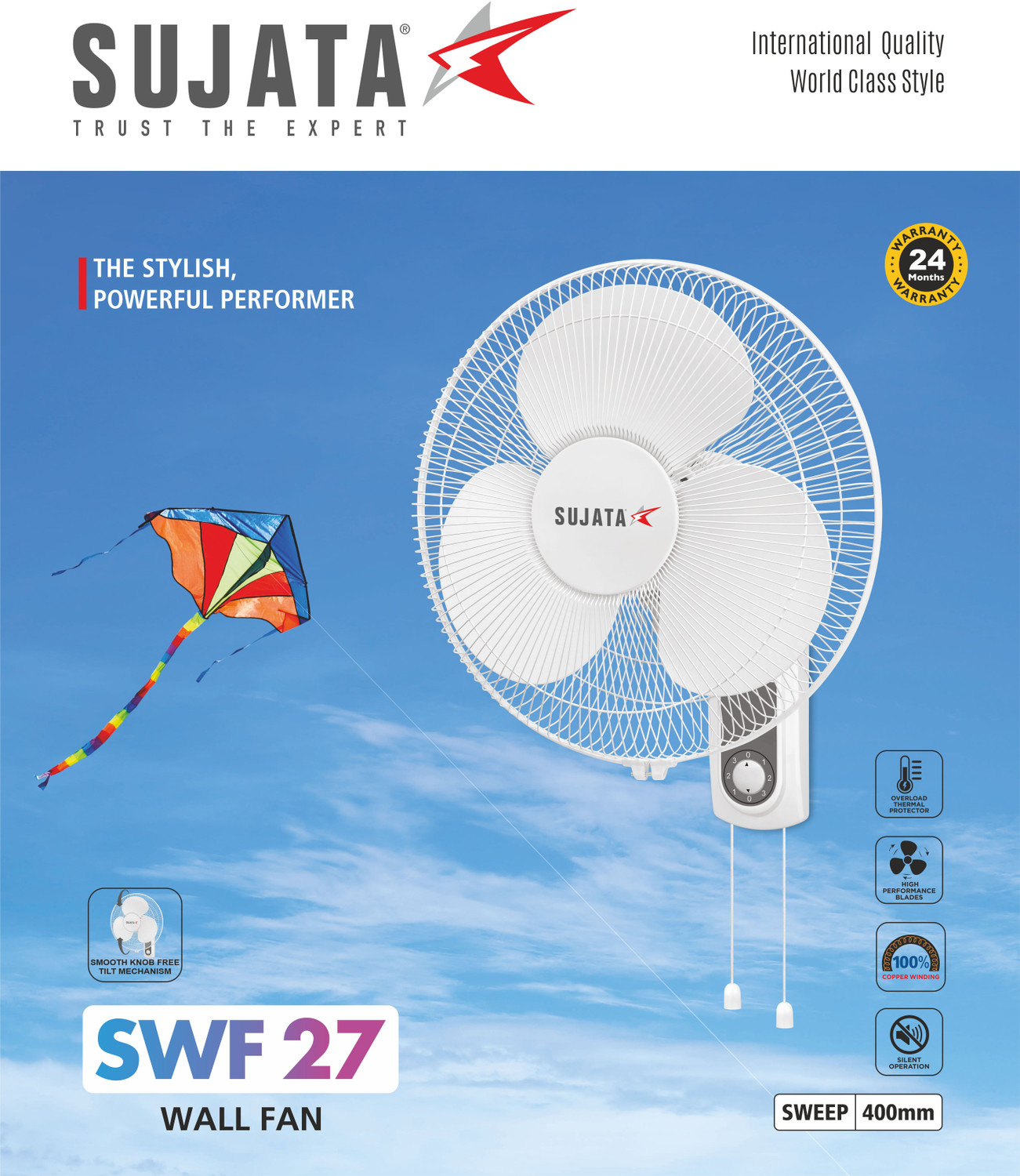 Image of SUJATA SWF 27 Wall Fan | 100% Copper Winding | Jerk Free | Oscillating Wall Fan with 2 Year Warranty High Air Delivery 400 mm Wall Fan