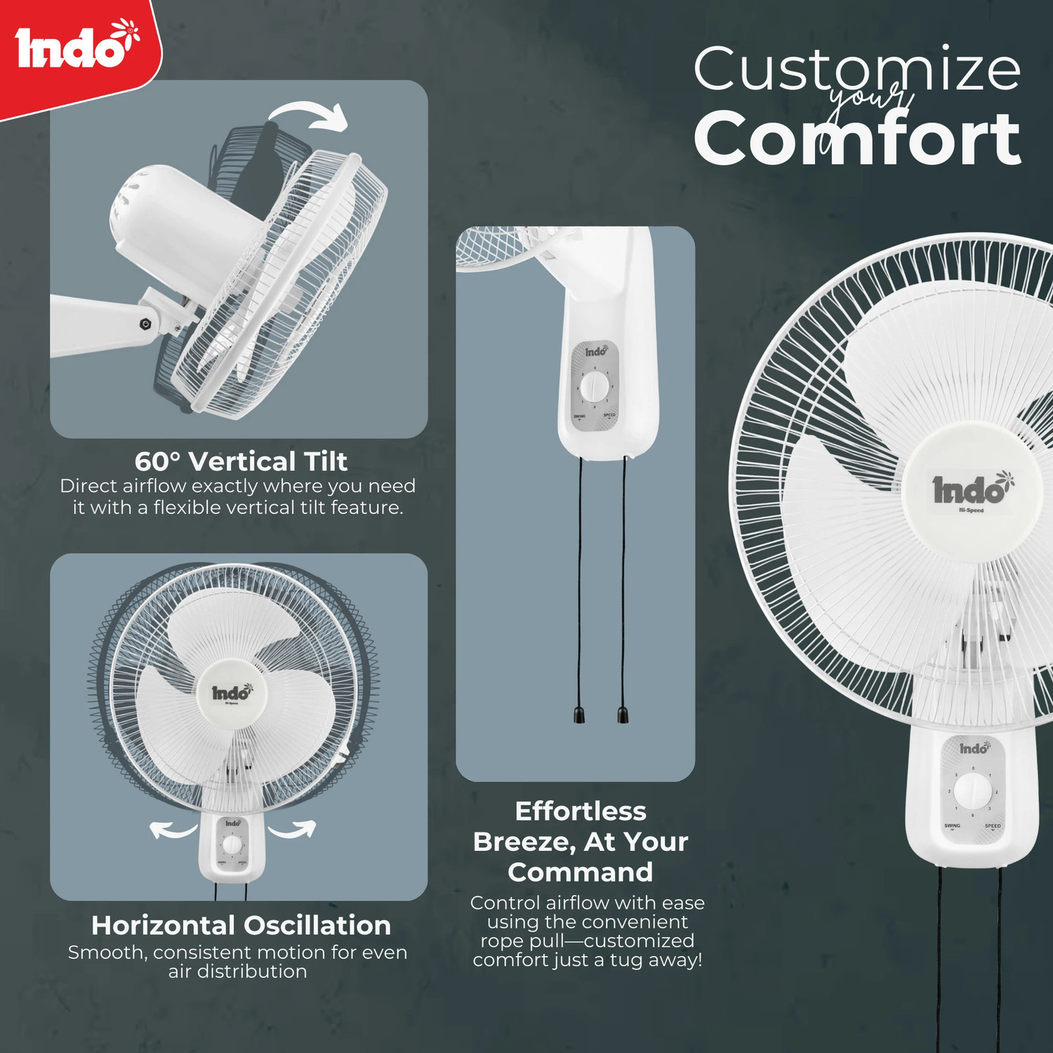 Image of Indo 16 inch High Speed Wall Fan ALPHA | 110 Watts | 3 speed Controls| 2 Years warranty| with 2 Year Warranty Energy Saving 400 mm Wall Fan