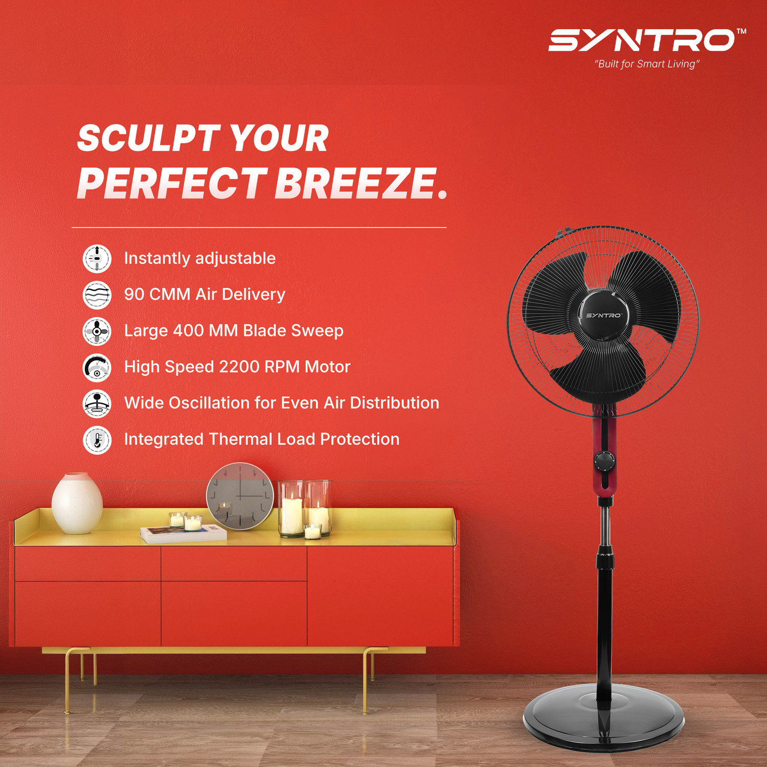 Image of Syntro Aero Max | Copper Motor | Adjustable Height | High Speed with 1 Year Warranty 400 mm Pedestal Fan