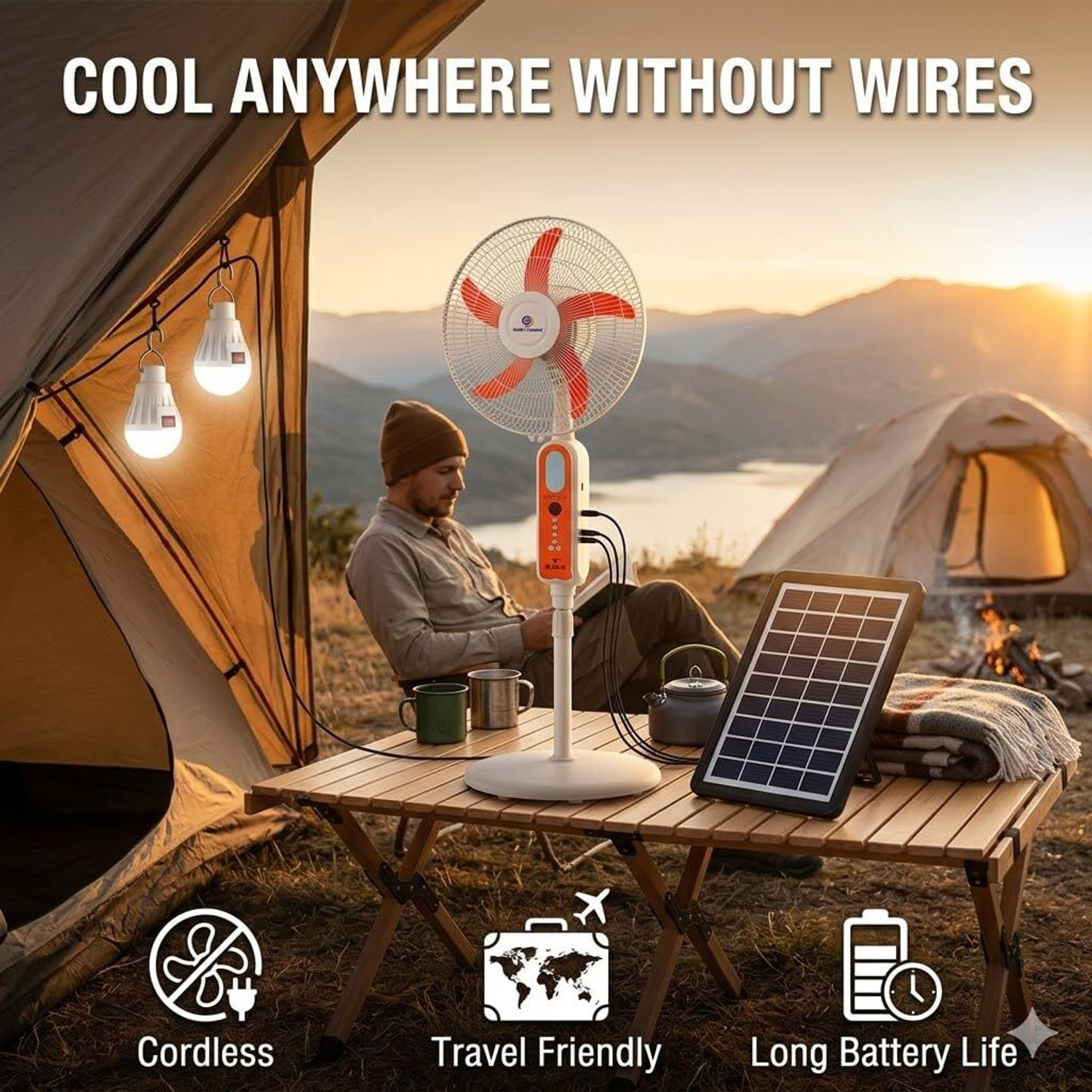 Image of Lipzie Solar Standing Fan with Lithium Battery | Adjustable Speed Cordless Cooling Fan with 1 Year Warranty 90 mm Pedestal Fan