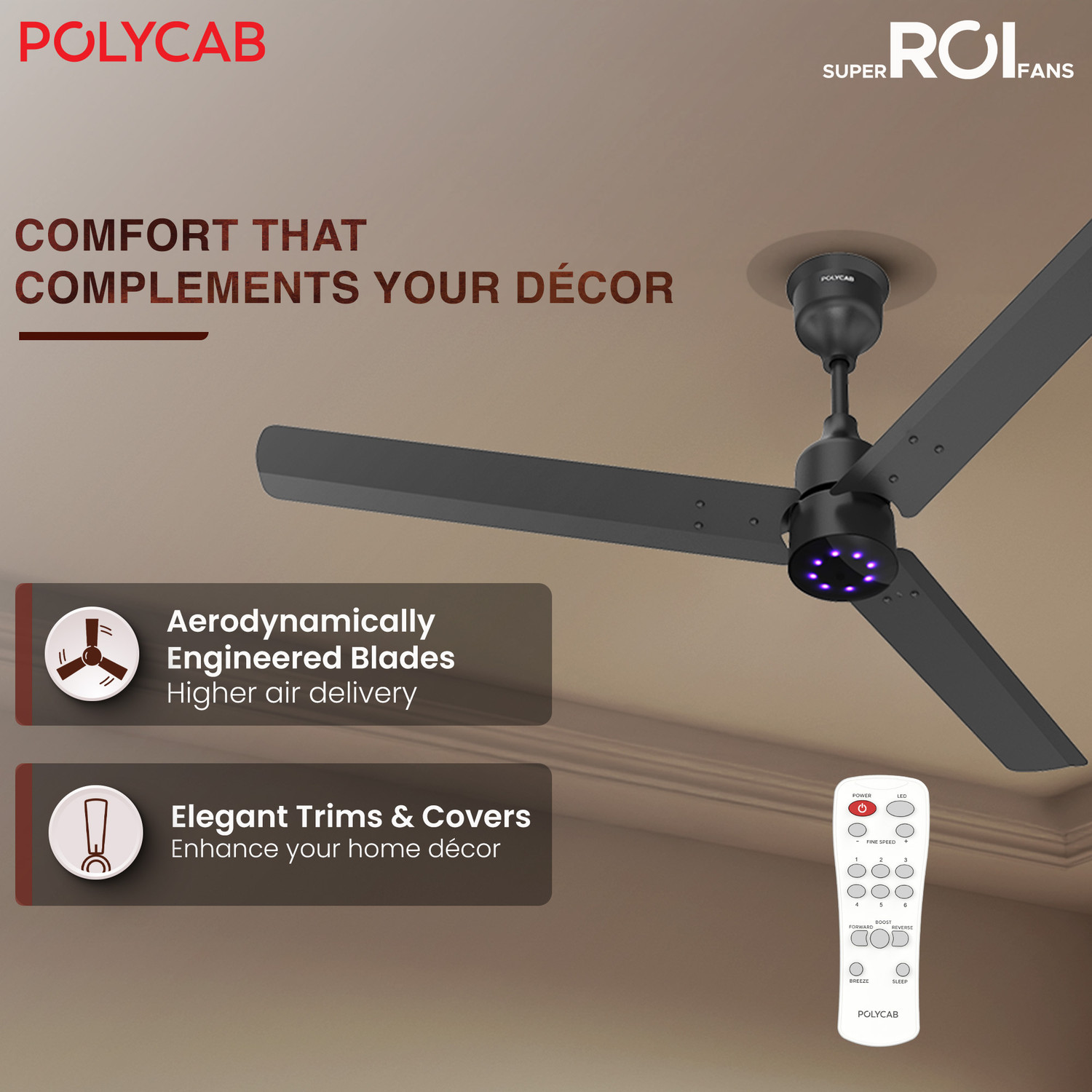 Image of Polycab Wizzy Plus 2.0 LED100% CopperHigher Air DeliveryLED Indicator with 3 Year Warranty BLDC Motor with Remote 1200 mm Ceiling Fan