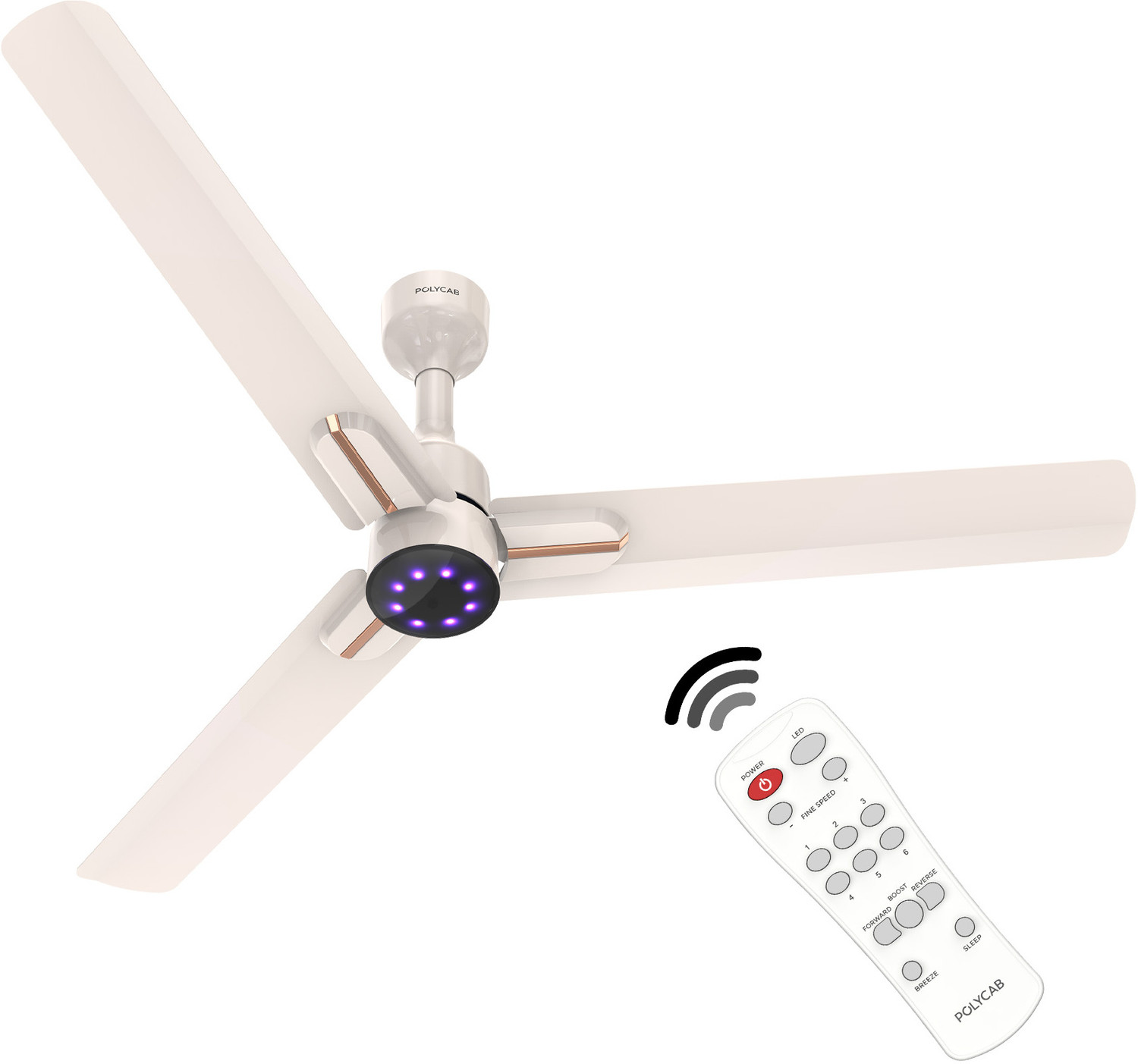 Image of Polycab Wizzy Neo LED 2.0100% CopperHigher Air DeliveryLED Indicator with 3 Year Warranty BLDC Motor with Remote 1200 mm Ceiling Fan