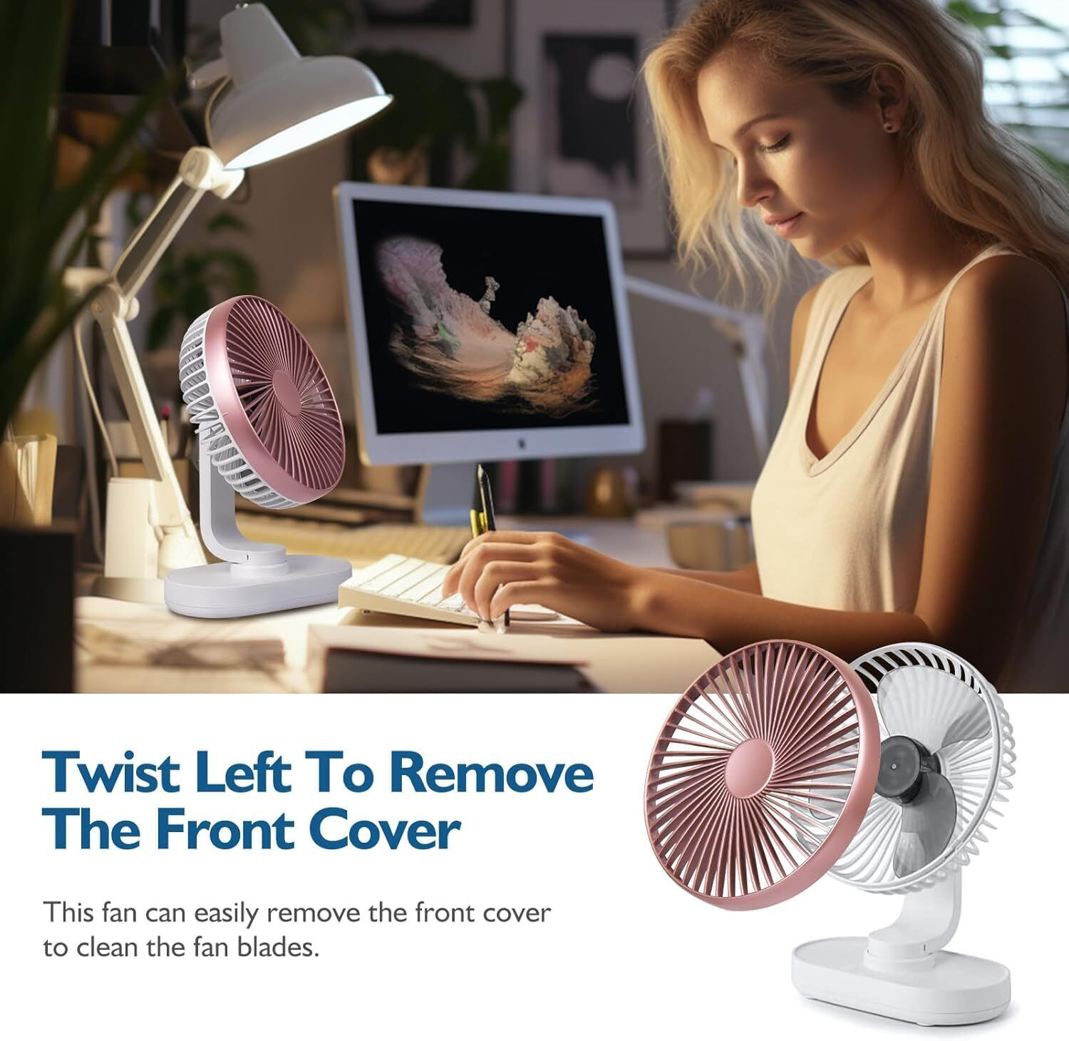 Image of LACCO Portable Rechargeable Fan USB Charging Personal Mini Fan for Home Office Bedroom Kitchen Table and Desktop USB Fan, USB Cable
