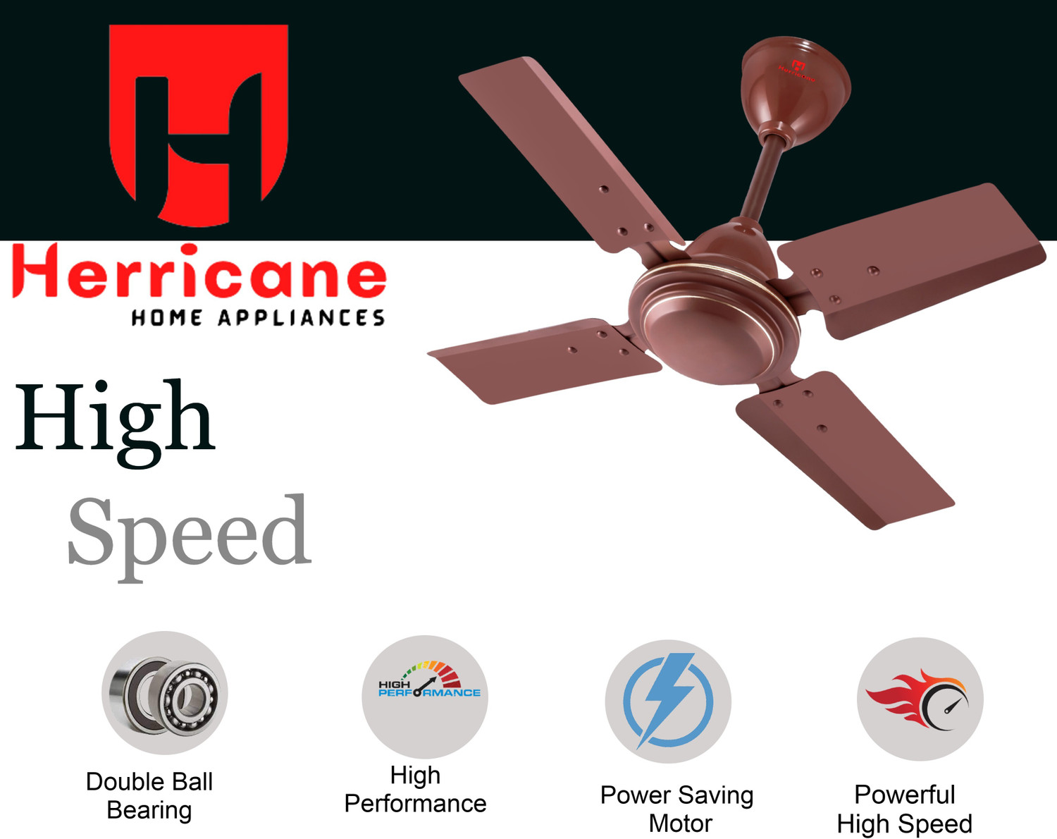 Image of Herrricane HE-AI-24-MB | 4 Blade | Energy Saving | Anti Dust | High Speed | Economy with 24 Months Warranty Ultra High Speed 600 mm Ceiling Fan (Mate Brown | Pack of 1)