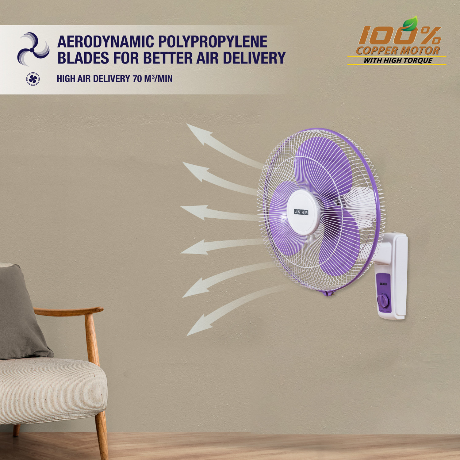 Image of USHA Maxx Air with 2 Year Warranty 400 mm Wall Fan (Purple White | Pack of 1)