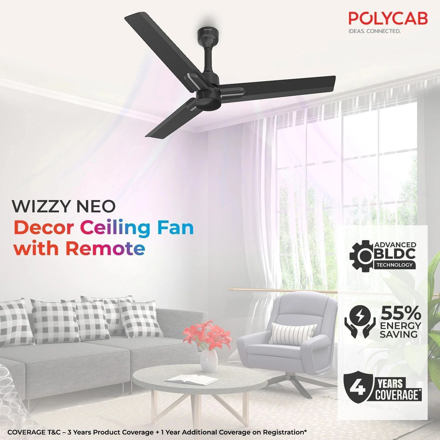 Image of Polycab Wizzy Neo100% CopperHigh Air Delivery with 4 Year Warranty BLDC Motor with Remote 1200 mm Ceiling Fan (5 Star | Matt Black Silver | Pack of 1)