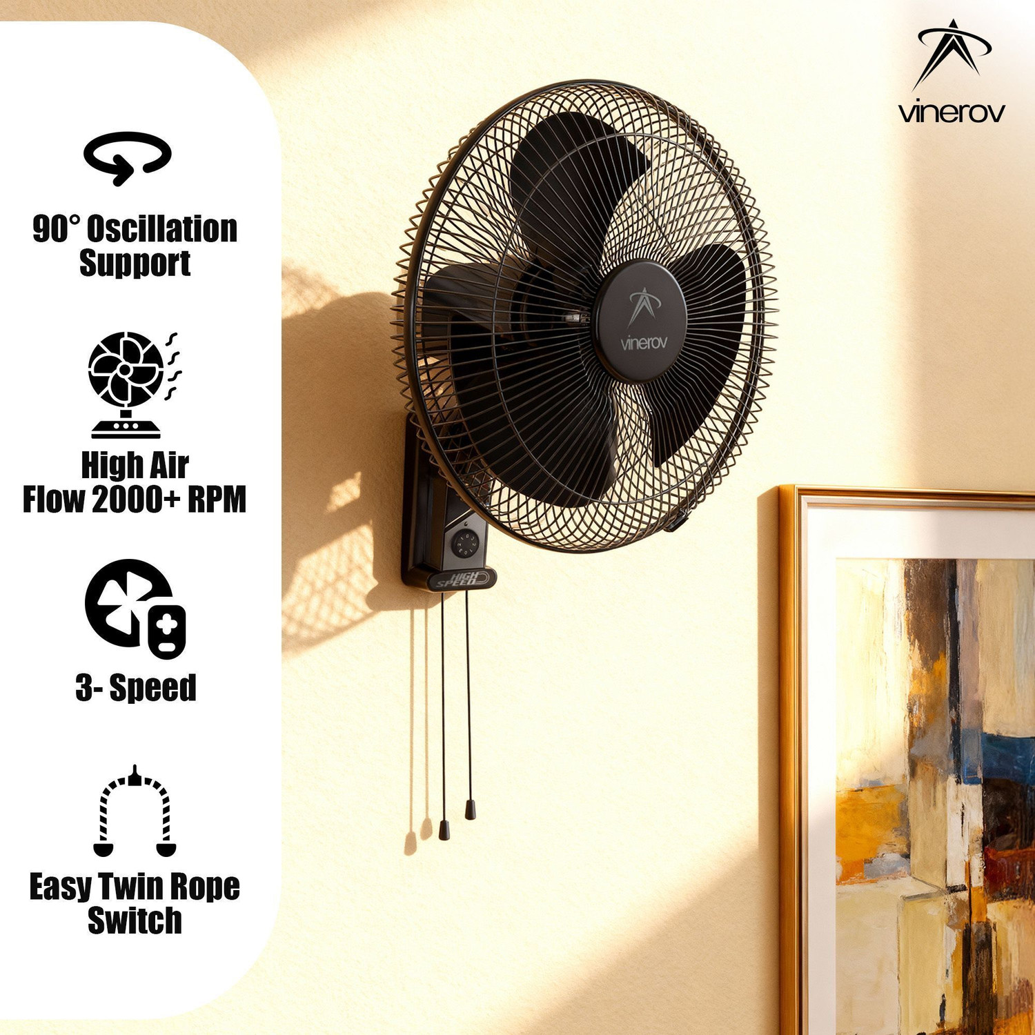 Image of Vinerov Turbo 16 inch HS | 2000+ RPM| 90 Oscillation | Double Rope | Home, Office & Outdoor with 1 Year Warranty Ultra High Speed 400 mm Wall Fan
