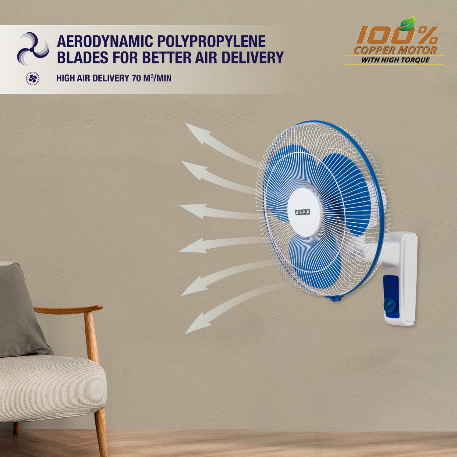 Image of USHA Maxx Air with 2 Year Warranty 400 mm Wall Fan (Blue White | Pack of 1)