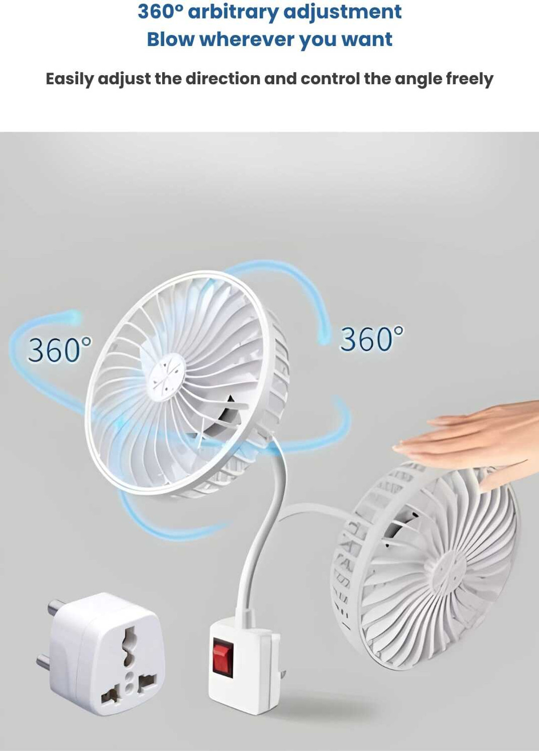 Image of omnex Mini Compact 5-Inch Fan with On /Off Switch and 360 degree Adjustable Hose Pipe High Air Delivery Wall Fan