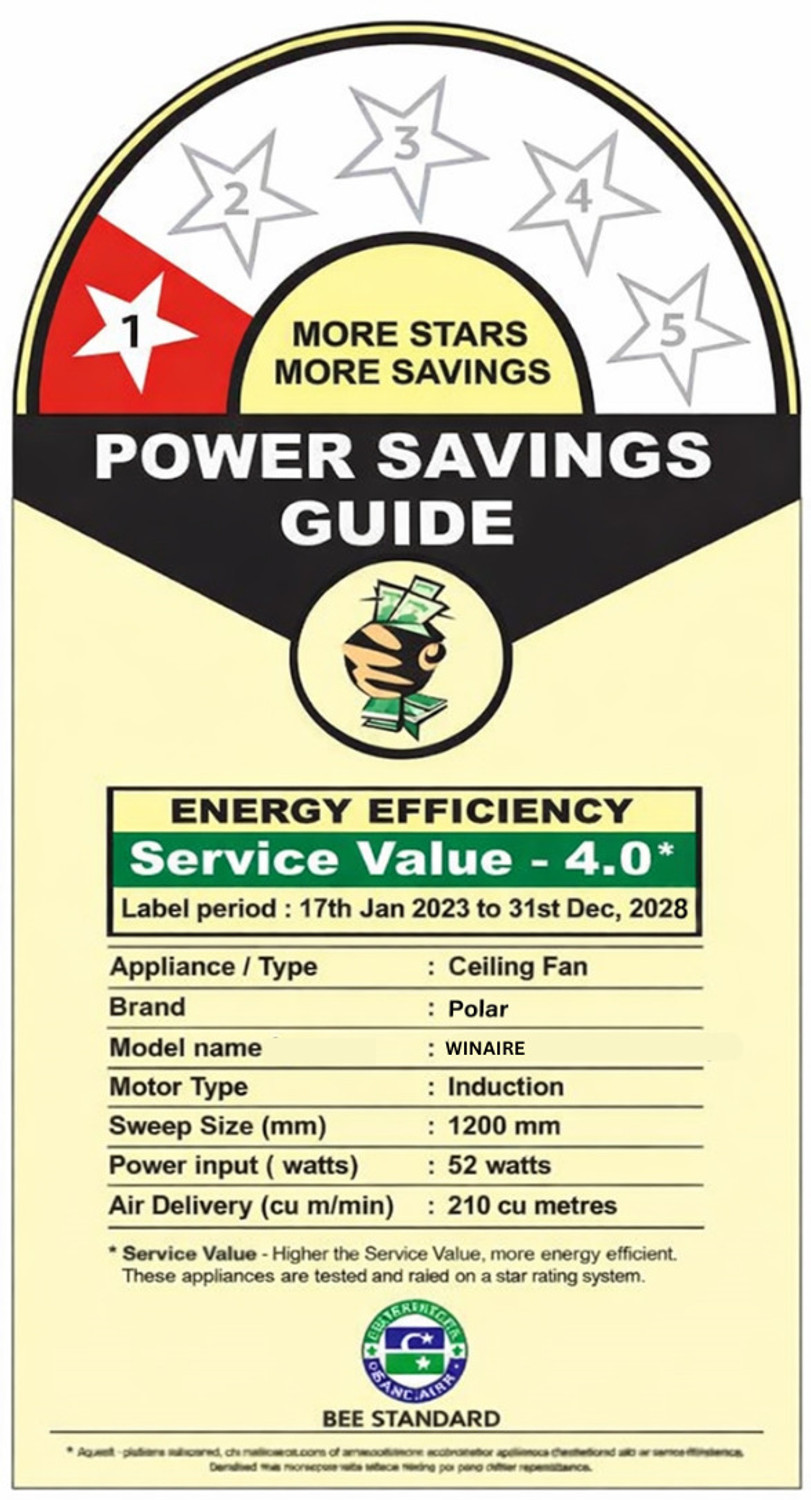 Image of Polar WINAIRE Energy Efficient Motor with 100% Copper Winding for Long Life with 2 Year Warranty Energy Saving 1200 mm Ceiling Fan