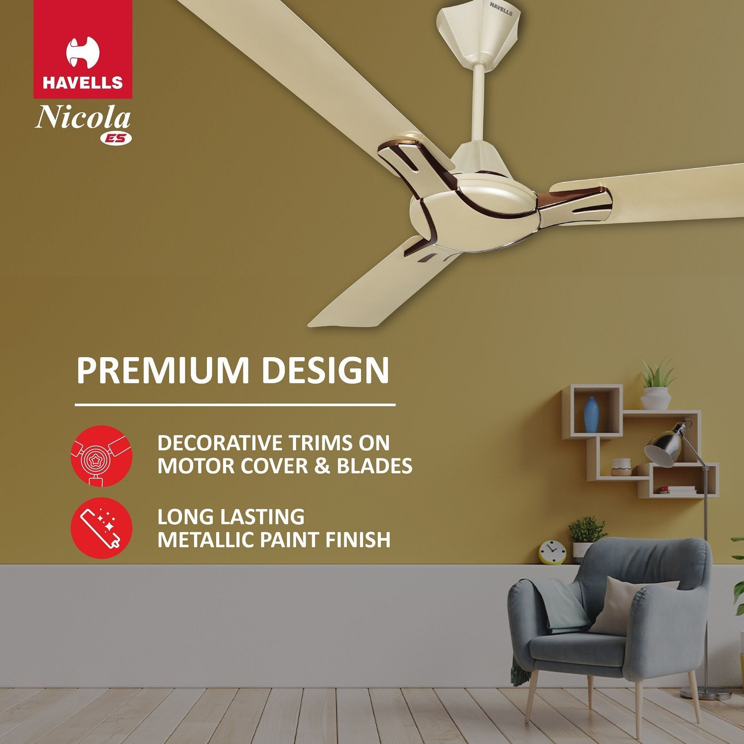Image of HAVELLS Nicola|Energy Saving|Low Noise|Decorative|50W|100% Copper Motor with 2 Year Warranty Energy Saving 1200 mm Ceiling Fan