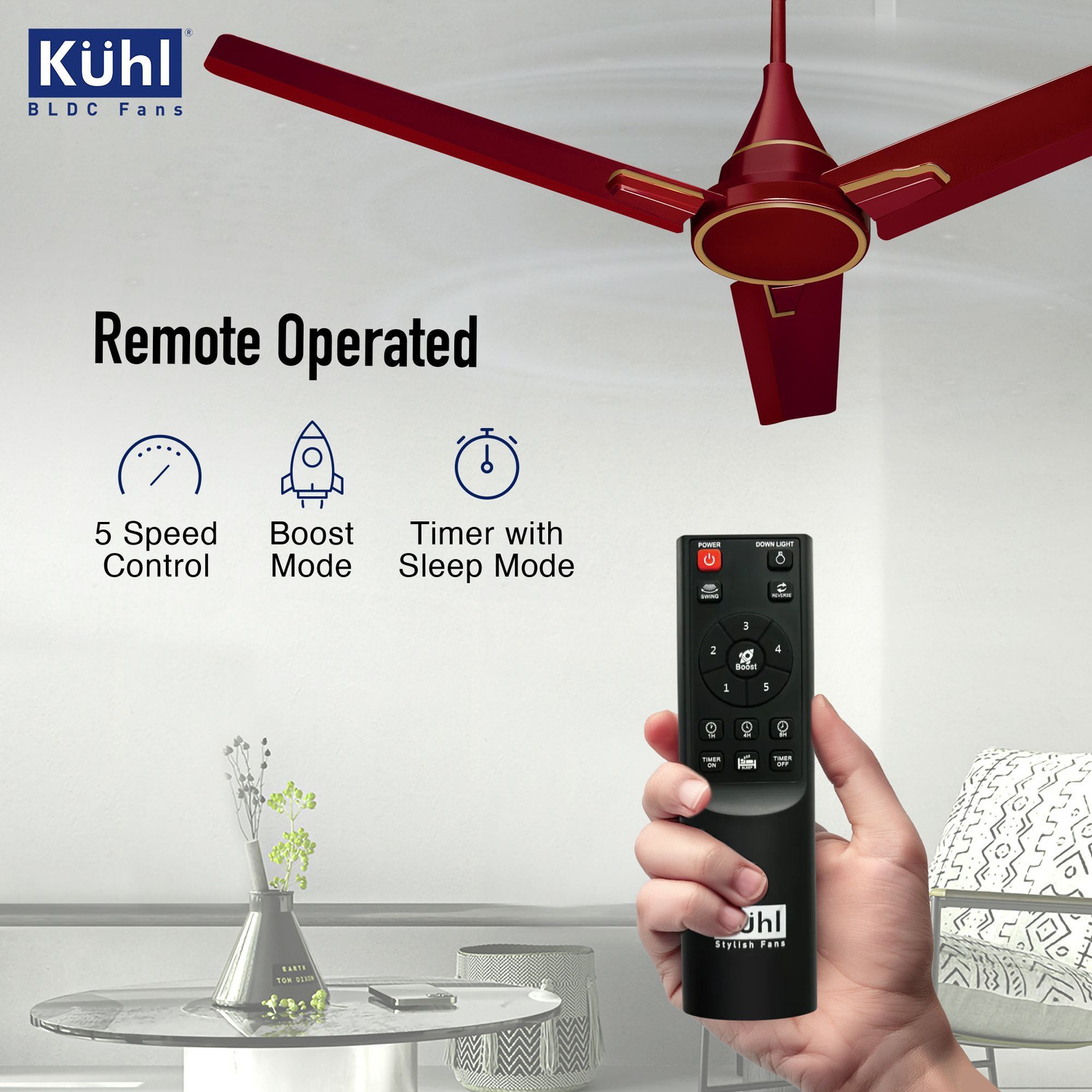Image of KUHL Prima A1 BLDC,29W,Low Noise,Energy-Saving with 2 Year Warranty BLDC Motor with Remote 1200 mm Ceiling Fan (5 Star | Brown | Pack of 1)