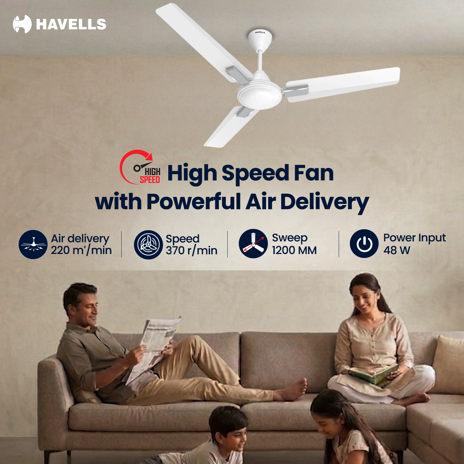 Image of HAVELLS Ambrose Neo Ceiling Fan| High Speed, High Air Delivery| Strong & Powerful motor with 2 Year Warranty Anti Dust 1200 mm Ceiling Fan (Elegant White | Pack of 1)