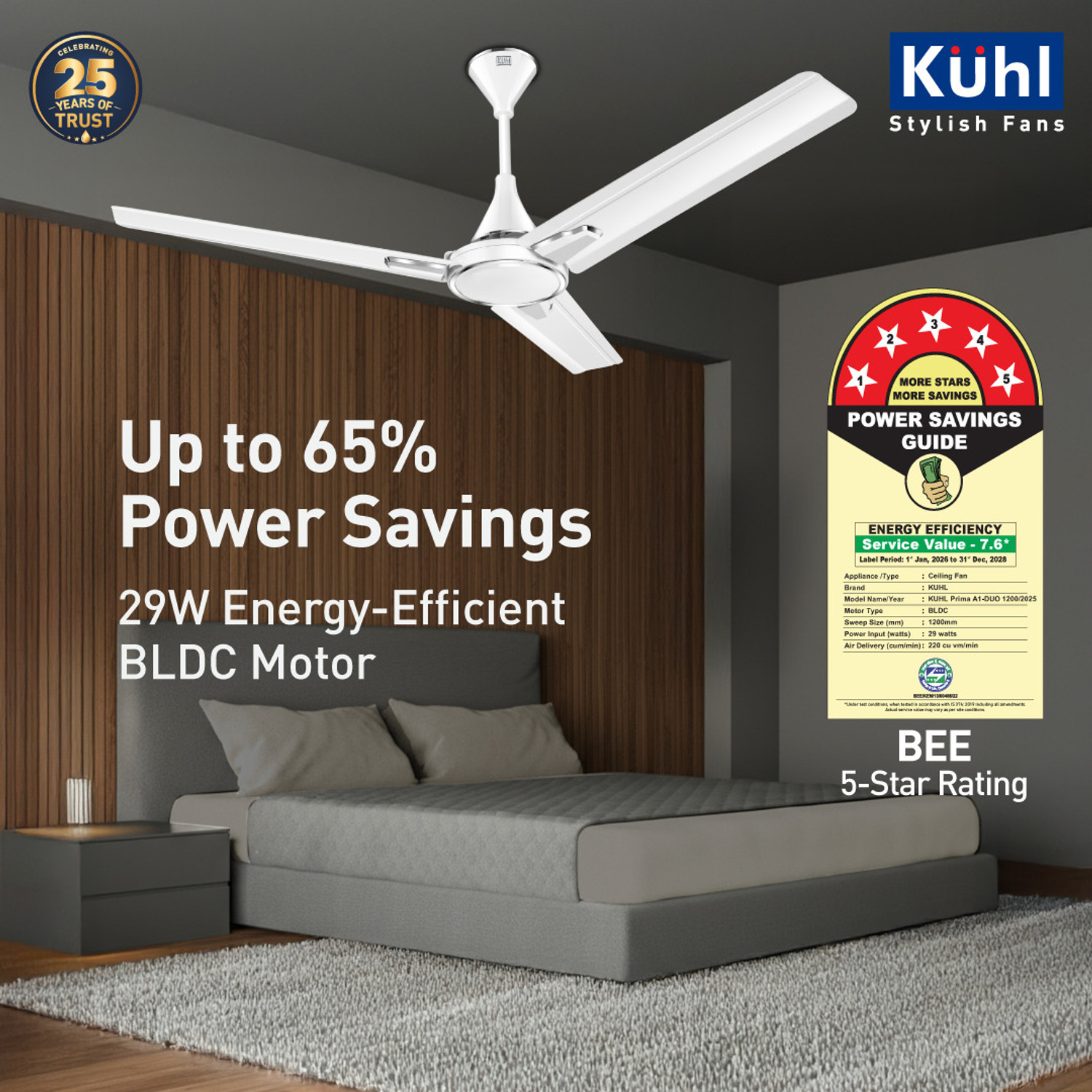 Image of KUHL Prima A1 Duo Power Saving BLDC Ceiling Fan | 29W | Remote & Regulator Operated BLDC Motor with Remote 1200 mm Ceiling Fan