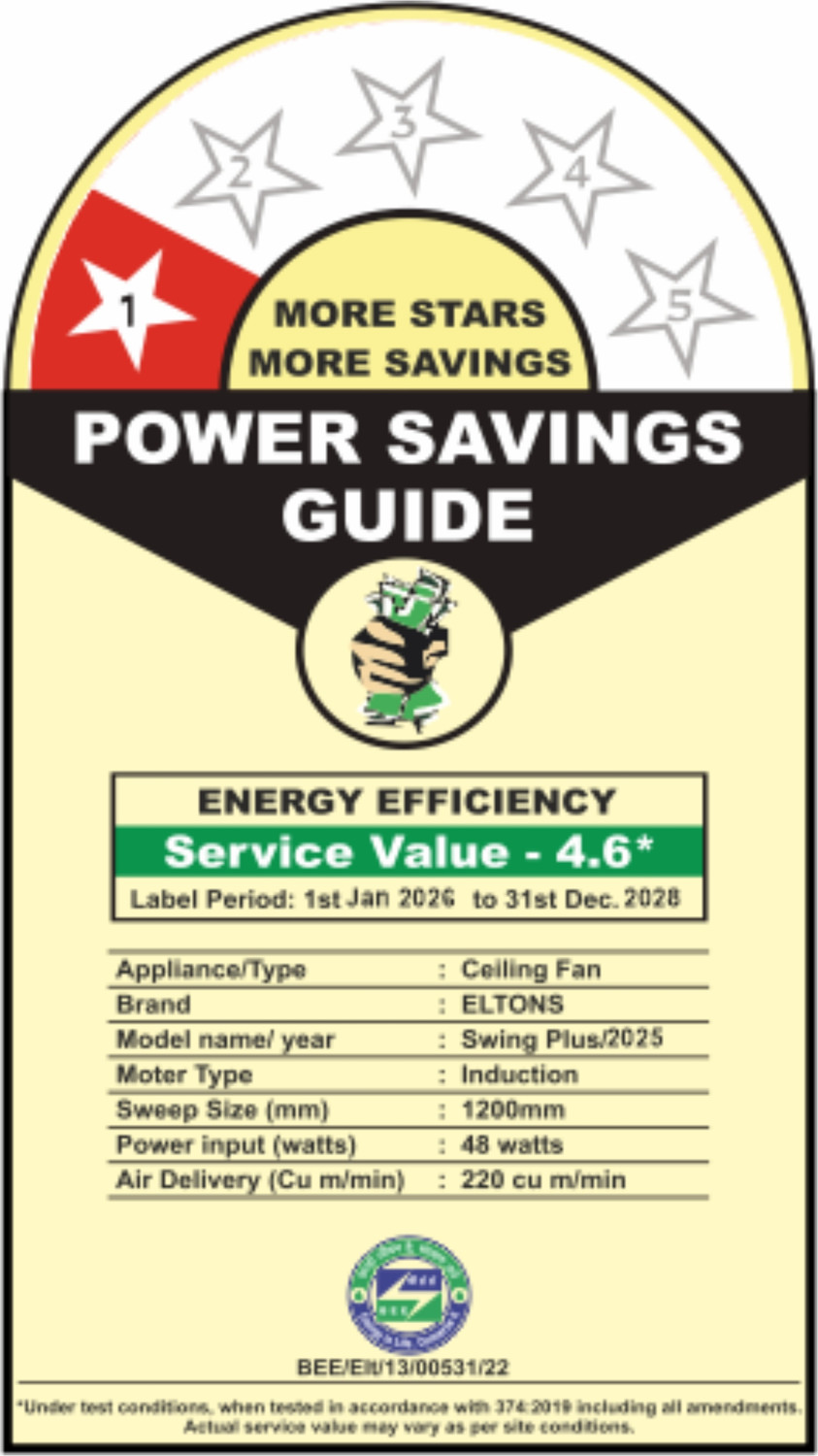 Image of Eltons Swing Plus | Energy Efficient | Low Noise | Premium Finish | High Air Delivery with 24 Months Warranty Energy Saving, High Air Delivery 1200 mm Ceiling Fan