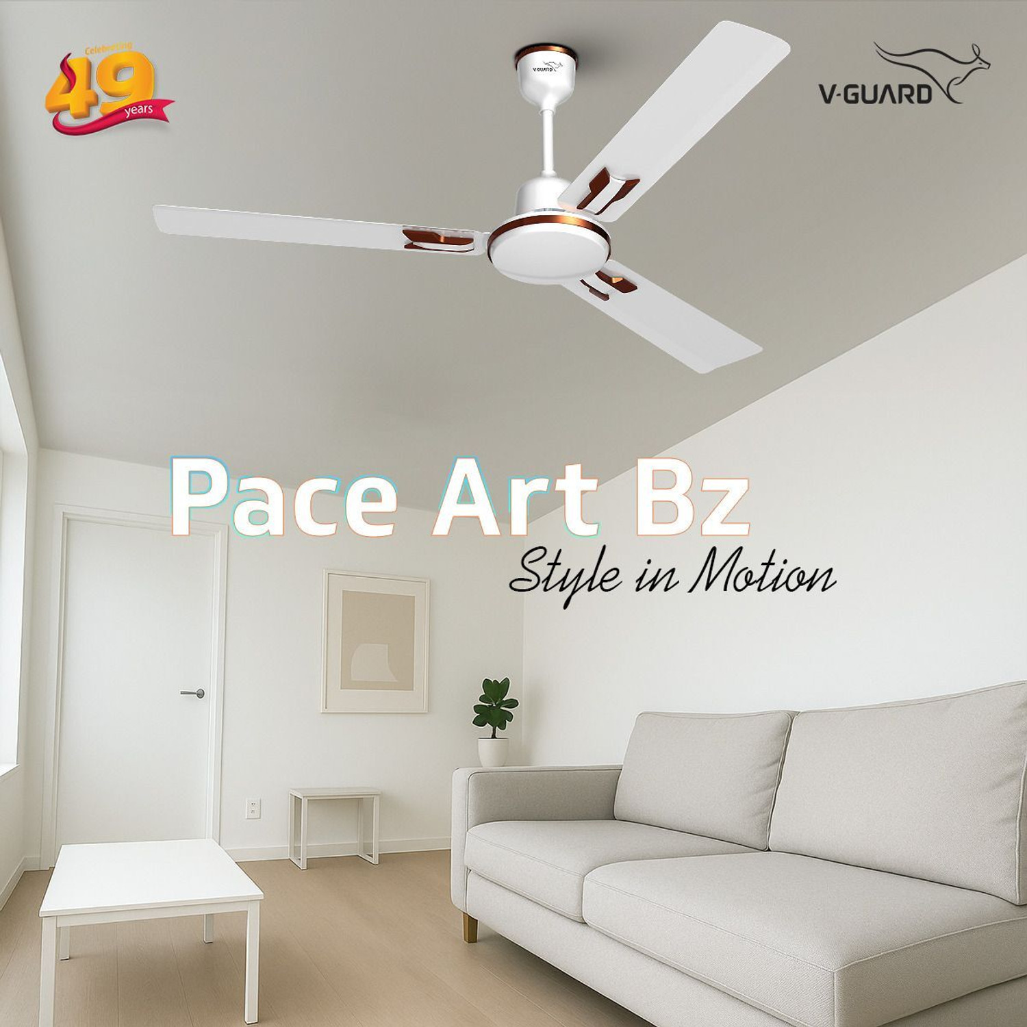 Image of V-Guard Pace Art Bz (Pebble White) | Energy Saving | High Speed | Decorative with 2 Year Warranty Energy Saving 1200 mm Ceiling Fan