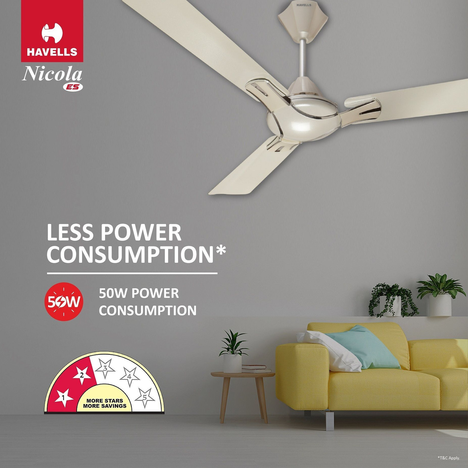 Image of HAVELLS Nicola|Energy Saving|Low Noise|Decorative|50W|100% Copper Motor with 2 Year Warranty Energy Saving 1200 mm Ceiling Fan