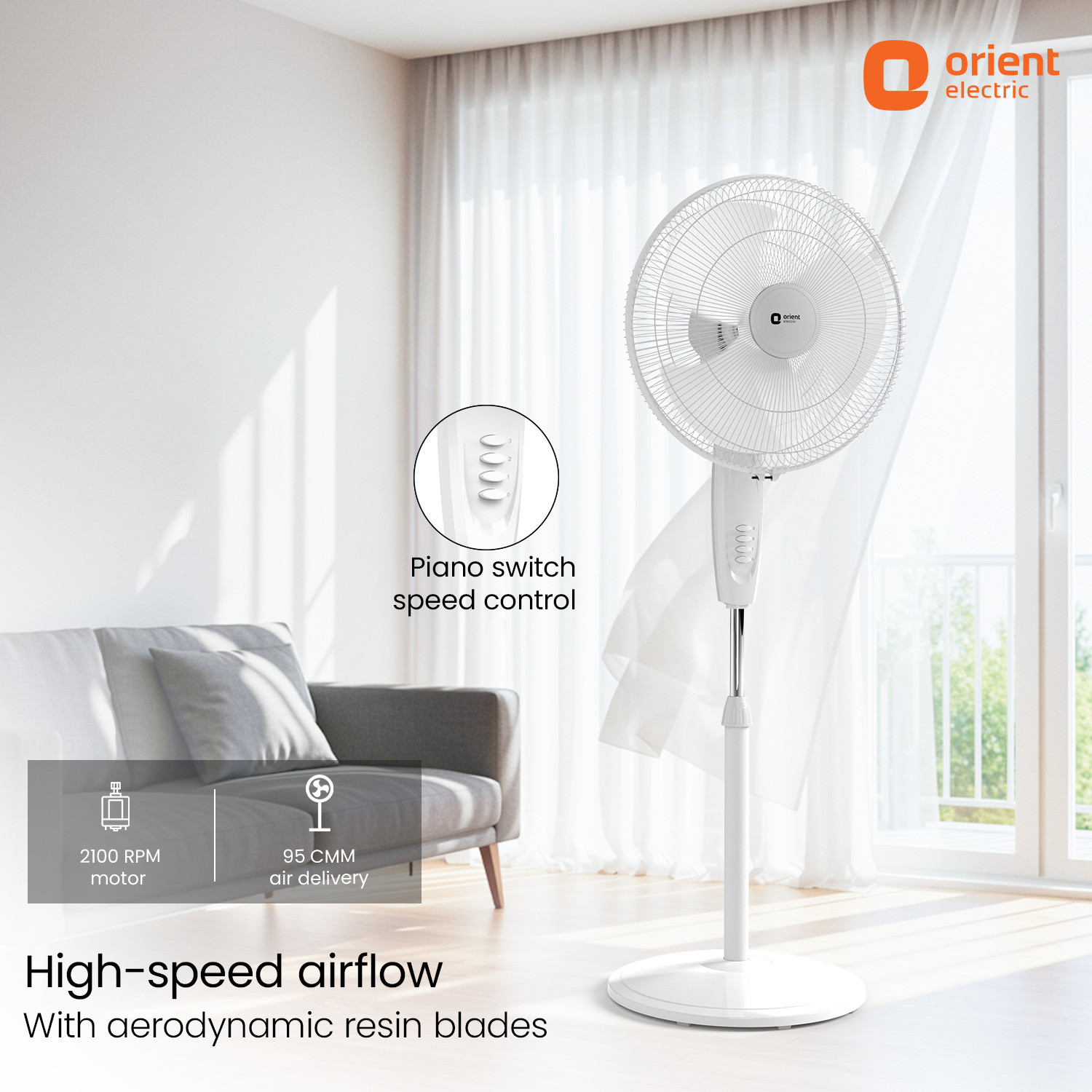 Image of Orient Electric Stand 87 |100% Copper Motor|Superior Air Delivery |Adjustable Height |3 Speed with 2 Year Warranty Ultra High Speed 400 mm Pedestal Fan