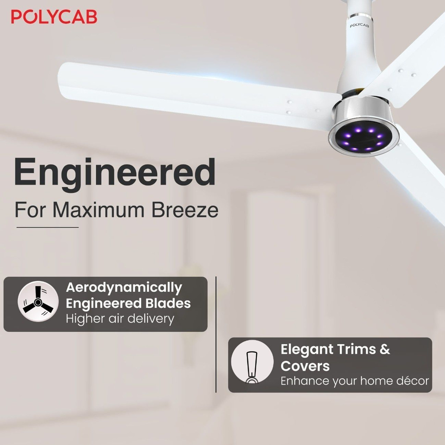 Image of Polycab Wizzy Prime100% CopperLED Indicator Higher Air Delivery with 3 Year Warranty BLDC Motor with Remote 1200 mm Ceiling Fan