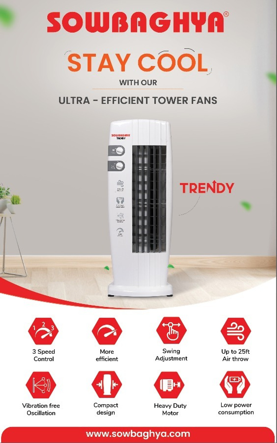 Image of Sowbaghya STF08 | Energy Saving | Economy | 3-Speed with 12 Months Warranty Energy Saving Tower Fan