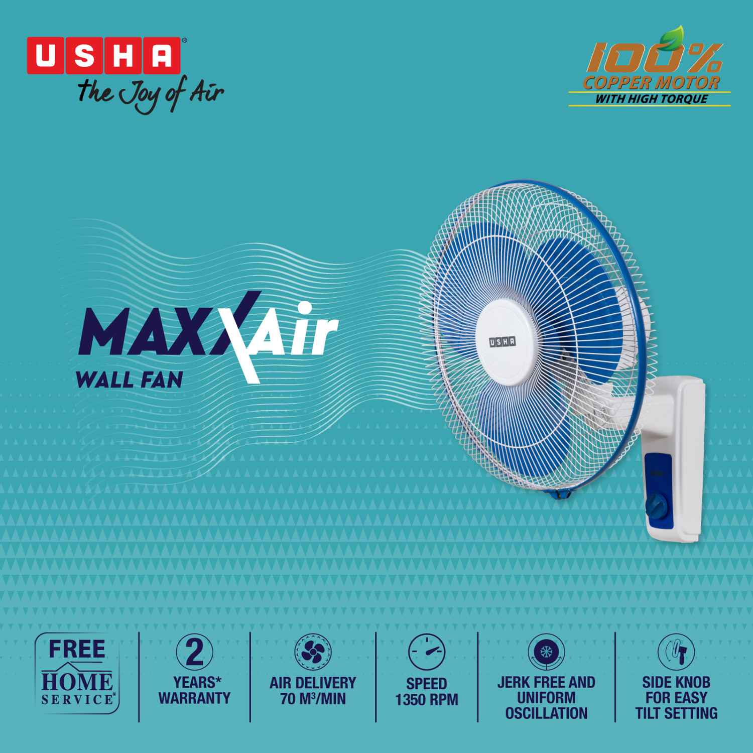 Image of USHA Maxx Air with 2 Year Warranty 400 mm Wall Fan (Blue White | Pack of 1)