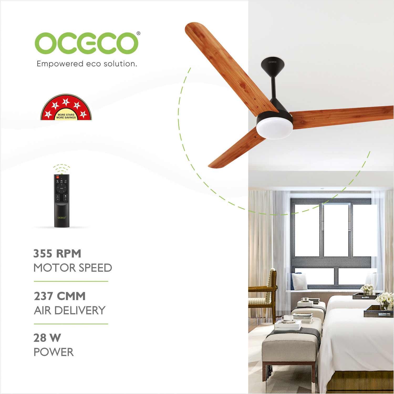 Image of oceco Fansio Light Wooden with 3 Year Warranty BLDC Motor with Remote 1200 mm Ceiling Fan