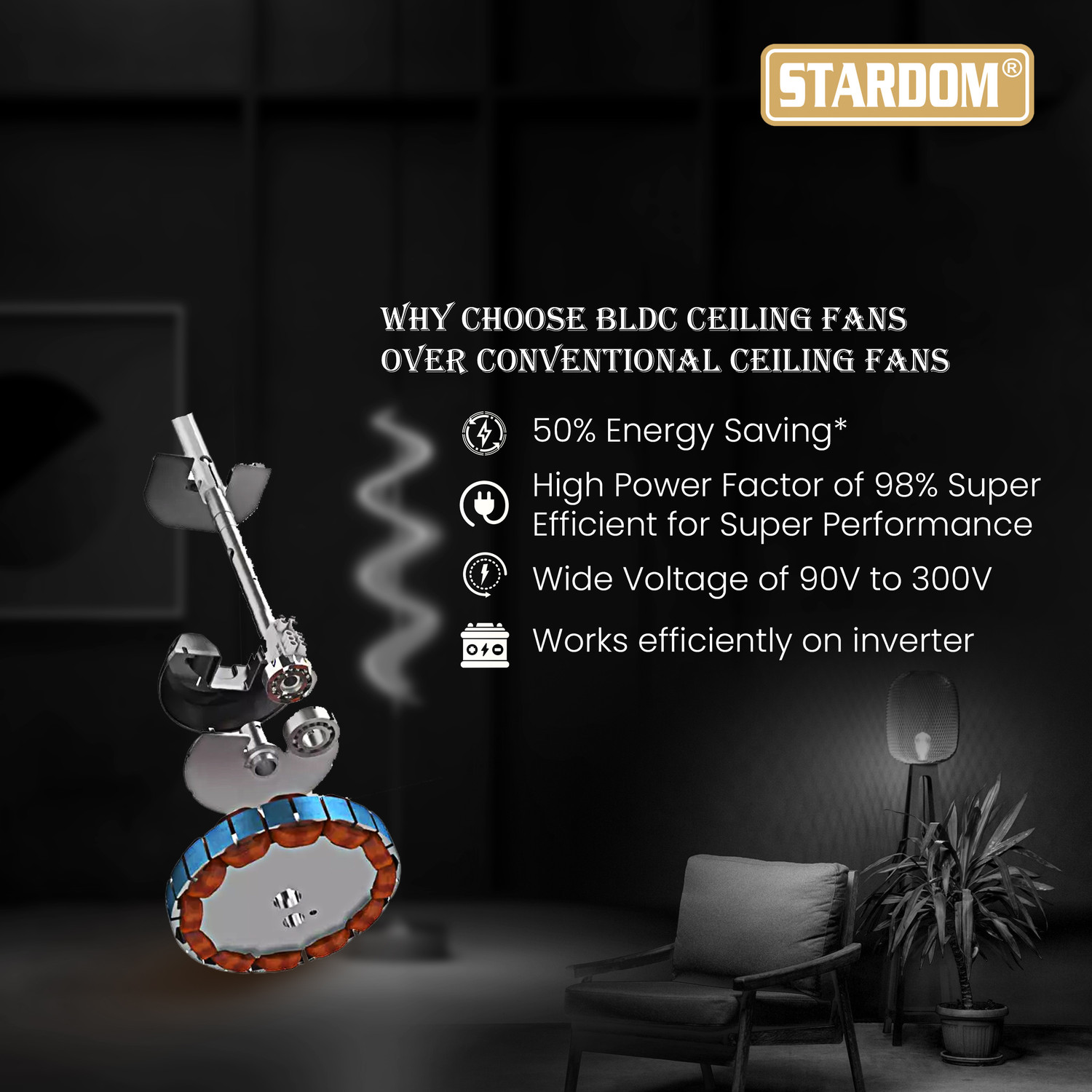 Image of Stardom RACER IVORY 1200 MM BLDC with 3 Year Warranty BLDC Motor with Remote 1200 mm Ceiling Fan