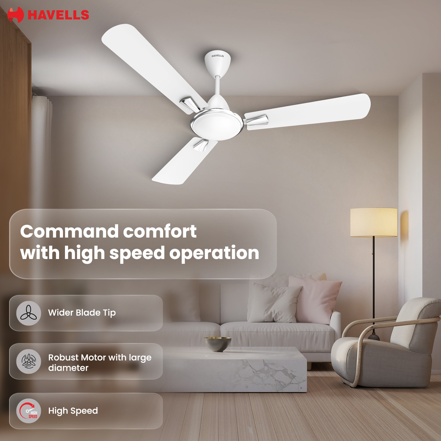 Image of HAVELLS Quickair|Energy Efficient|Silent Operation|Premium Design|56W|Wider Blade Tip with 2 Year Warranty Energy Saving 1200 mm Ceiling Fan