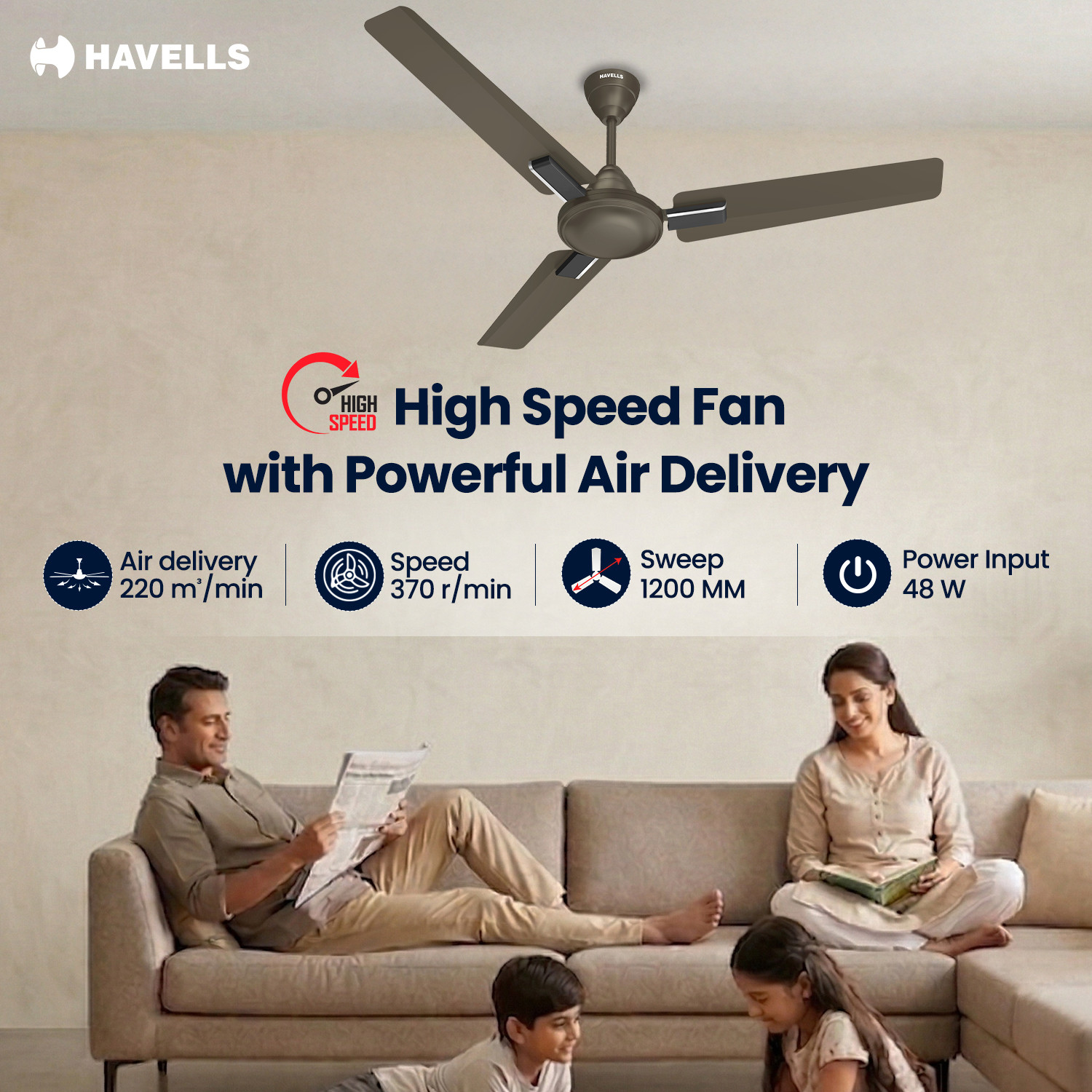 Image of HAVELLS Ambrose Neo Ceiling Fan| High Speed, High Air Delivery| Strong & Powerful motor with 2 Year Warranty Anti Dust 1200 mm Ceiling Fan