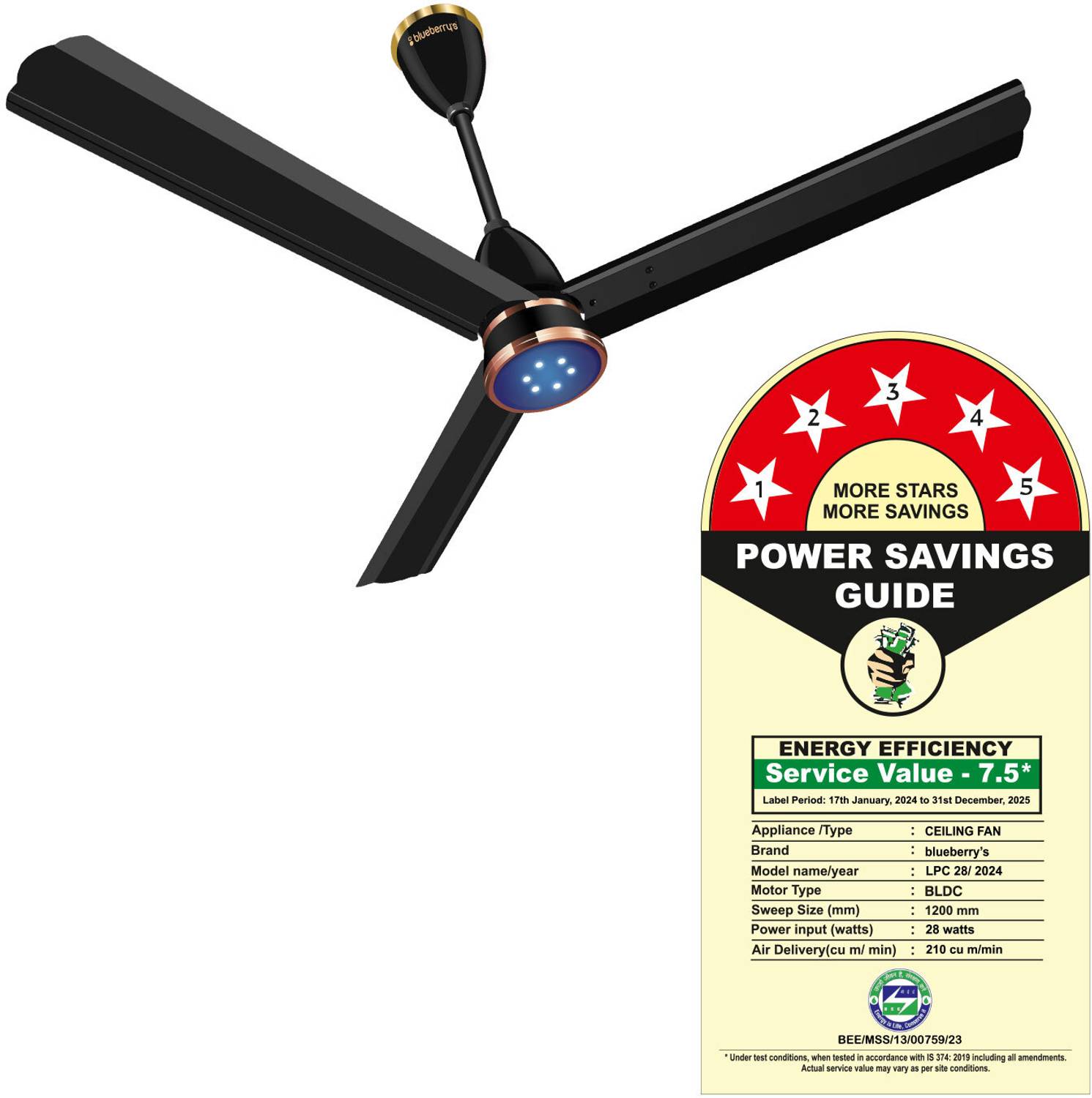 BlueBerry's BLDC BEE-5 Star Rated Ceiling Fan with Remote, LED Light with 3 Year Warranty 1200 mm Ceiling Fan